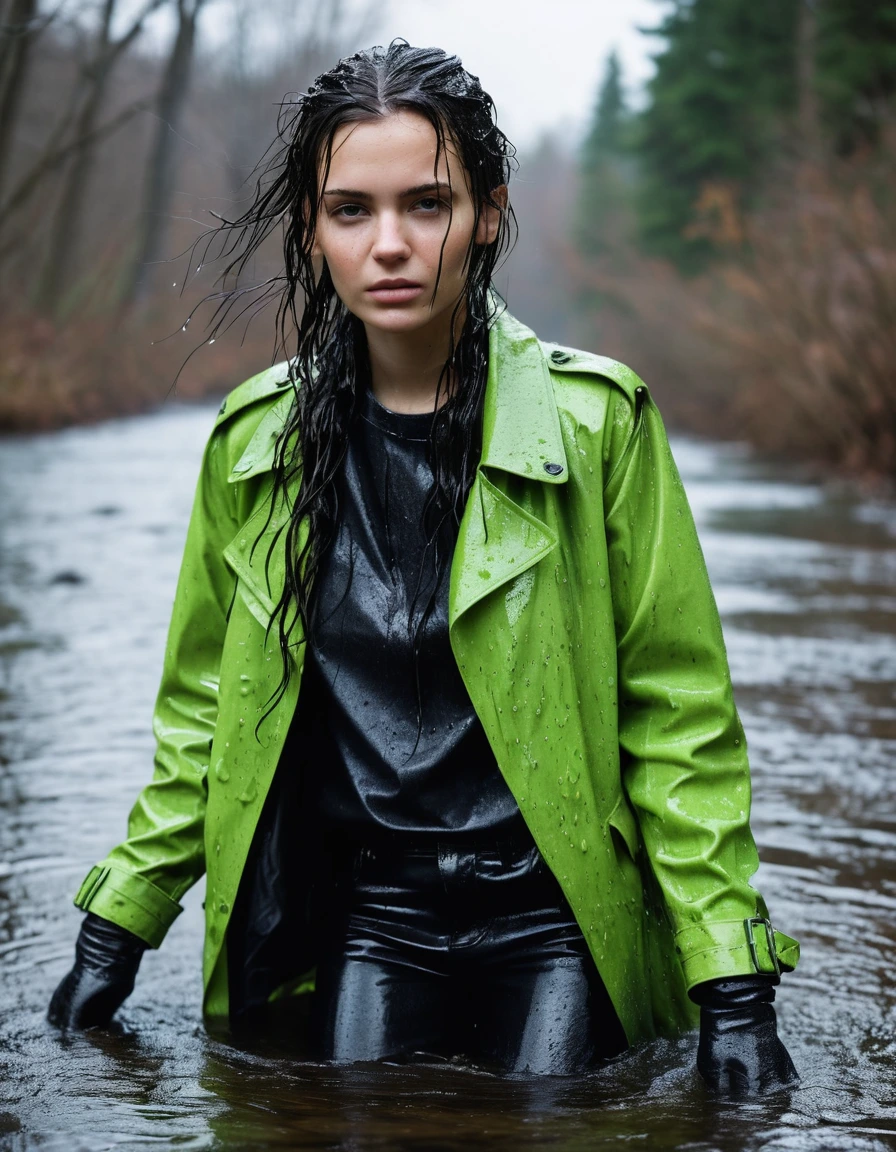 professional photo of young woman, in soaking wet, drenched clothes, wet clothes stuck to body, detailed textures of the wet clothes, wet face, wet plastered hair, wet skin, damp fabric, wearing a water-drenched neon green oversize t-shirt, black leather jacket, saturated, black trench coat, skin tight black leather jeans, saturated, black leather ankle boots, soaked and glistening, lying in a river in a snow covered forest, heavy rain, streaming raindrops, fabric transparency, high-contrast water cling, water dripping from hem, storm aftermath atmosphere, cinematic lighting, close up, sharp focus, photorealistic, ultra-detailed fabric texture, realistic colors, RAW photo, professionally color graded