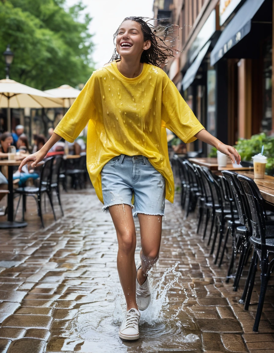 candid paparazzi shot of young woman, in soaking wet, drenched clothes, wet clothes stuck to body, detailed textures of the wet clothes, wet face, wet plastered hair, wet, drenched, wet skin, damp fabric, wearing oversized bright yellow cotton graphic t-shirt soaked through and translucent, faded light blue denim frayed shorts clinging to skin, white leather platform sneakers with dark puddles splashing around them, subject mid-laughing while shaking off water dripping from hair, standing on cobblestone patio with metal bistro chairs, outdoor cafe frontage, intense fabric cling, highly detailed water droplets on skin, rich natural color, balanced bright exposure, moderate contrast, softly lifted shadows, full body view, detailed fabric texture, sharp focus, photorealistic, ultra-detailed fabric texture, realistic colors, RAW photo, professionally color graded