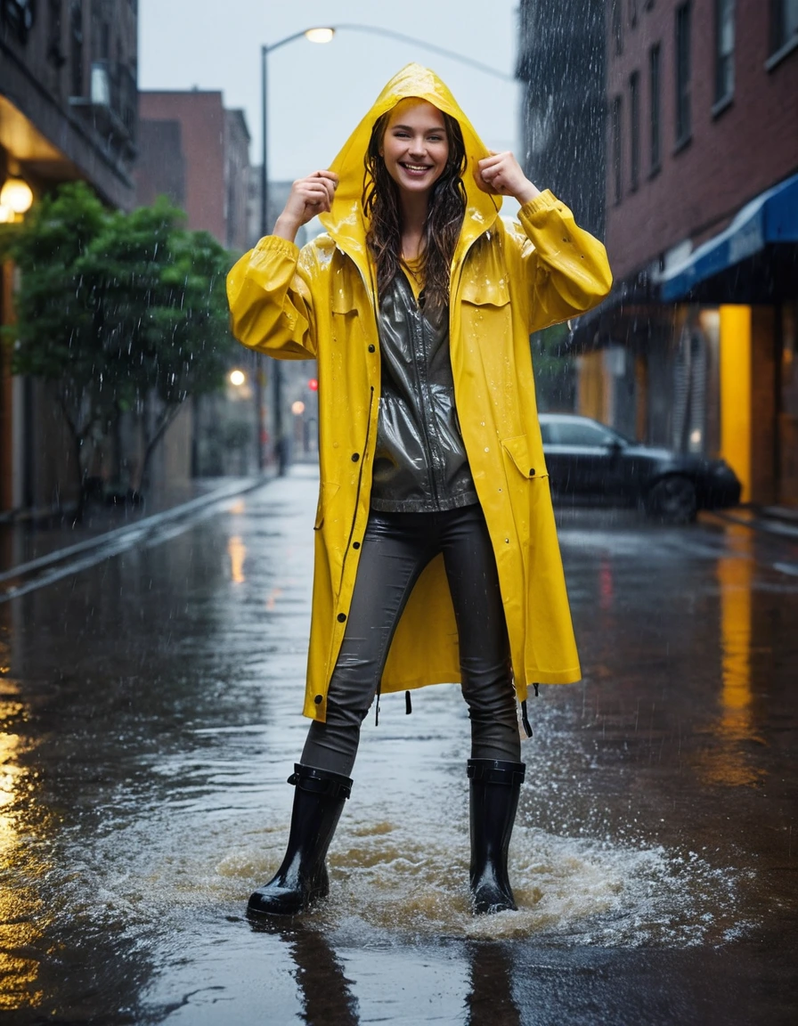 photo of young woman, in soaking wet, drenched clothes,
black rubber rain boots, glossy finish, charcoal grey skinny denim jeans, drenched and clinging, bright yellow oversized hooded raincoat, water droplets beading on surface, urban city sidewalk at night, blurred streetlights in background, 
enjoying, wet clothes stuck to body,
detailed textures of the wet clothes, wet face, wet plastered hair,
wet, drenched, professional, high-quality details, full body view.
sharp focus, ultra-high pixel detail, realistic, high-quality, full colors, incredibly detailed, 4k, 8k, 16k, hyper-realistic, RAW photo, masterpiece, ultra-detailed, professionally color graded, professional photograph, woman laughing while brushing wet hair away from face, caught in a sudden downpour from a rooftop drainpipe, photorealistic lifestyle photography, rich natural color, balanced bright exposure, moderate contrast, softly lifted shadows, cinematic medium shot., wet skin, wet clothes, damp fabric