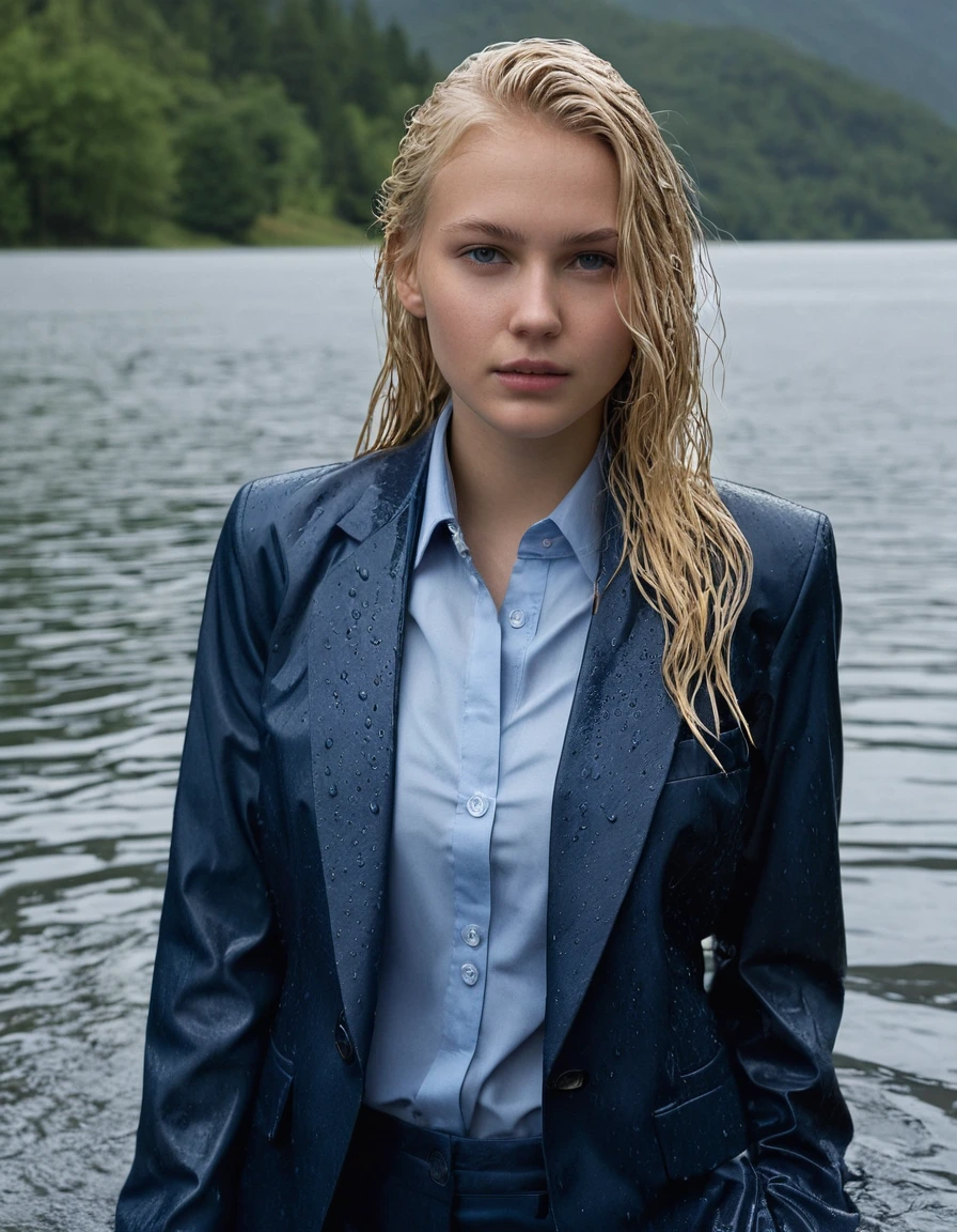 professional photo of young woman, 20 year old blonde, in soaking wet, drenched clothes, wet clothes stuck to body, detailed textures of the wet clothes, wet face, wet plastered hair, wet, drenched, wet skin, damp fabric, side parting long hair, wearing a Dark Blue Business Suit Jacket with Light Blue button down business shirt longsleeve and Dark Blue Long Business Trouser, soaked tailored fabric, heavy fabric texture, clinging to body, looks confidently into camera, submerged in a clear mountain lake during a heavy rainstorm, heavy rain, dramatic storm lighting, full body view, sharp focus, photorealistic, ultra-detailed fabric texture, realistic colors, RAW photo, professionally color graded