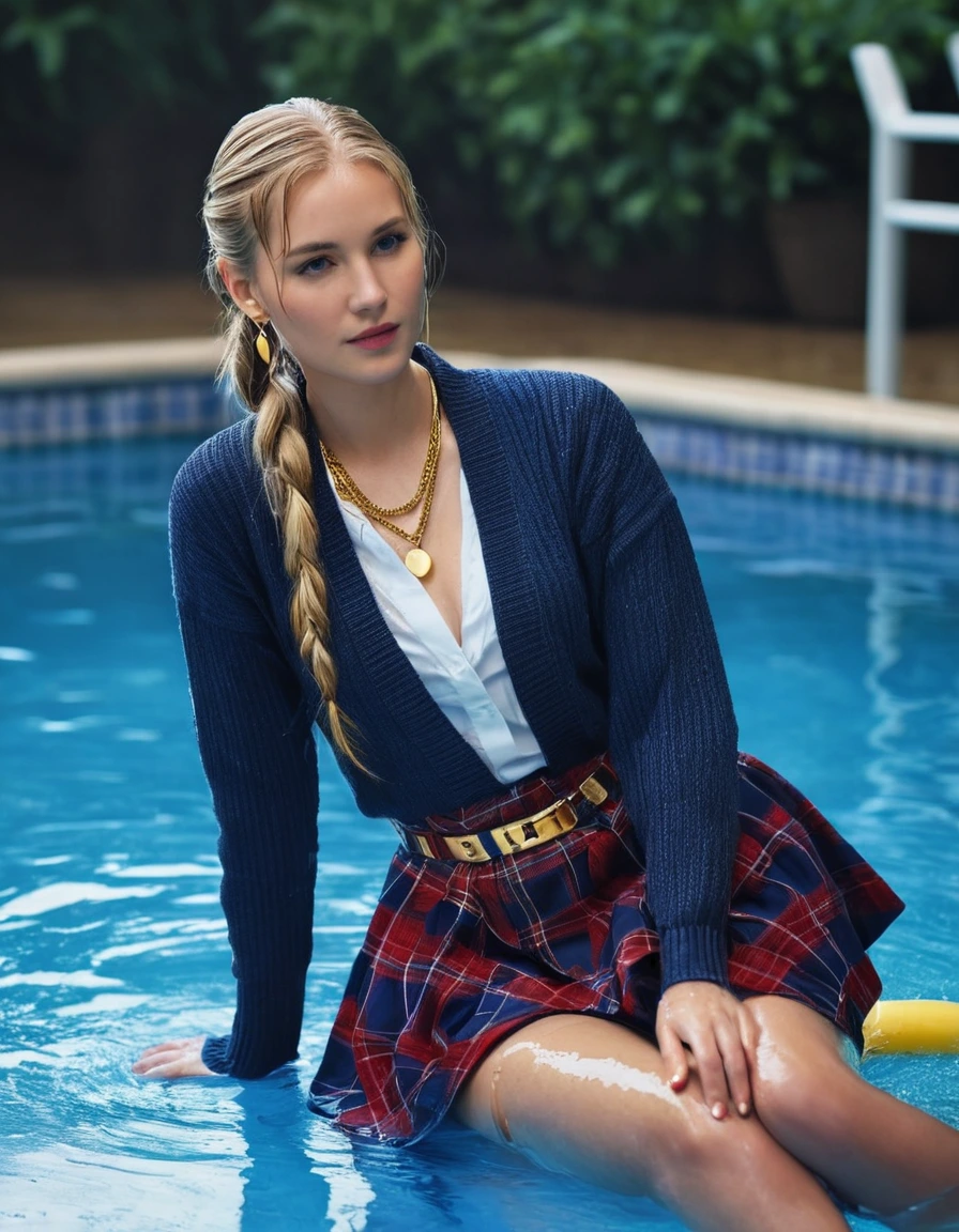 photo of young woman, in soaking wet, drenched clothes,
strappy blue stiletto high heels, short red and blue plaid skirt with gold belt, dark blue pantyhose, navy blue long-sleeved cardigan over a white collared shirt with blue necktie with diagonal white stripes, sitting in a pool, 
enjoying, wet clothes stuck to body,
detailed textures of the wet clothes, wet face, wet plastered hair,
wet, drenched, professional, high-quality details, full body view.
sharp focus, ultra-high pixel detail, realistic, high-quality, full colors, incredibly detailed, 4k, 8k, 16k, hyper-realistic, RAW photo, masterpiece, ultra-detailed, professionally color graded, professional photograph, wet long blonde hair in two ponytails, gold earrings, gold necklace, wet skin, wet clothes, damp fabric
