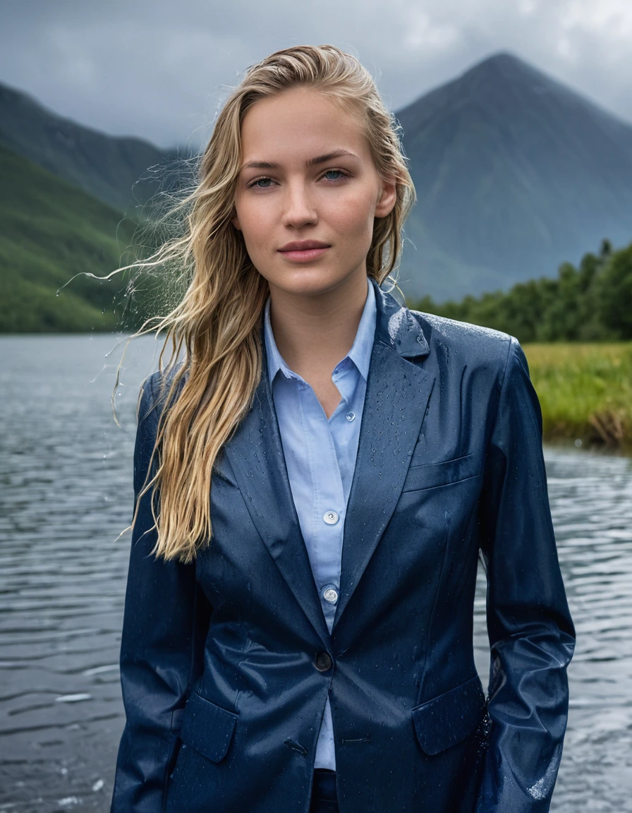 professional photo of young woman, 20 year old blonde girl, in soaking wet, drenched clothes, wet clothes stuck to body, detailed textures of the wet clothes, wet face, wet plastered hair, wet, drenched, wet skin, damp fabric, side parting, long hair, wearing a Dark Blue Business Suit Jacket with Light Blue button down business shirt longsleeve, Dark Blue Long Business Trouser, soaked tailored fabric, realistic structure, clinging to body, damp fabric, looks confidently into camera, completely submerged, clear mountain lake with heavy rain, heavy rainstorm, rain storm, full body view, sharp focus, photorealistic, ultra-detailed fabric texture, realistic colors, RAW photo, professionally color graded