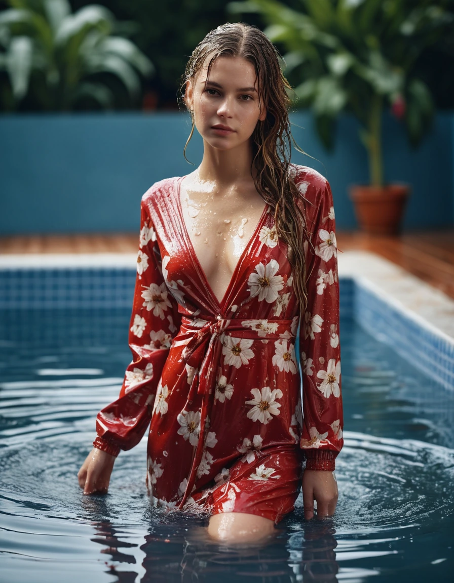 photo of young woman, in soaking wet, drenched clothes,
White cow girl boots, Long flower dress, Flower dress long sleeve, Pool, 
enjoying, wet clothes stuck to body,
detailed textures of the wet clothes, wet face, wet plastered hair,
wet, drenched, professional, high-quality details, full body view.
sharp focus, ultra-high pixel detail, realistic, high-quality, full colors, incredibly detailed, 4k, 8k, 16k, hyper-realistic, RAW photo, masterpiece, ultra-detailed, professionally color graded, professional photograph, Girl who looks like Miljushka Witzenhausen getting wet in red floral dress., wet skin, wet clothes, damp fabric