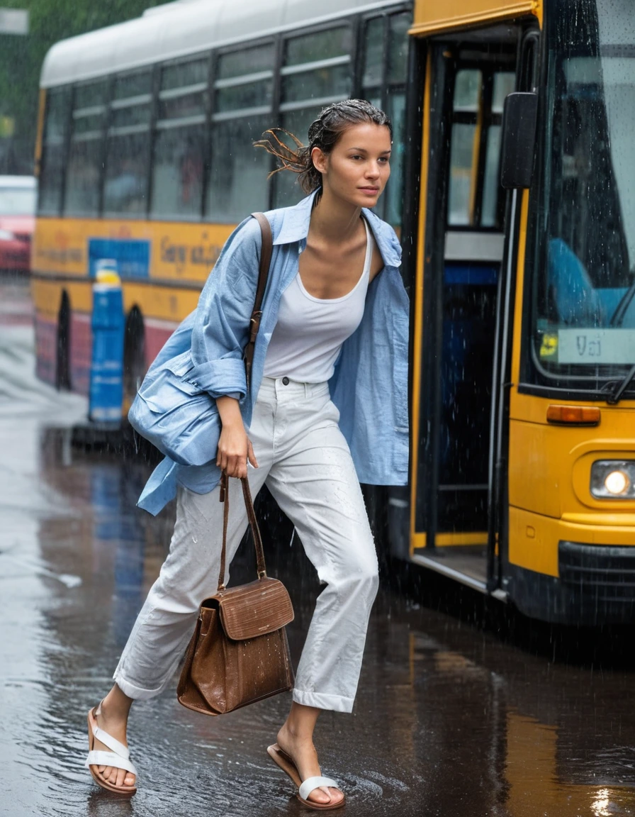 photo of young woman, in soaking wet, drenched clothes,
strappy white leather sandals with wet skin texture, sheer light blue linen trousers clinging to skin from rain, oversized white cotton button-down shirt soaked and translucent, urban bus stop shelter during a heavy rainstorm, 
enjoying, wet clothes stuck to body,
detailed textures of the wet clothes, wet face, wet plastered hair,
wet, drenched, professional, high-quality details, full body view.
sharp focus, ultra-high pixel detail, realistic, high-quality, full colors, incredibly detailed, 4k, 8k, 16k, hyper-realistic, RAW photo, masterpiece, ultra-detailed, professionally color graded, professional photograph, candid paparazzi shot from waist-up, subject frantically tucking wet hair behind ear while clutching a dampened leather handbag, fabric saturation, clinging wet textures, high-speed shutter, natural daylight, sharp focus on facial expression, wide-angle street view., wet skin, wet clothes, damp fabric
