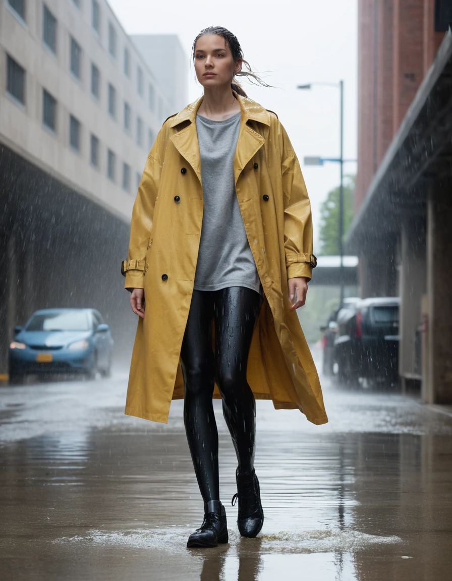 photo of young woman, in soaking wet, drenched clothes,
chucks , black pantyhose, oversized pale yellow cotton trench coat, completely soaked and heavy, dimly lit concrete parking garage entrance, wet pavement reflecting ambient light, 
enjoying, wet clothes stuck to body,
detailed textures of the wet clothes, wet face, wet plastered hair,
wet, drenched, professional, high-quality details, full body view.
sharp focus, ultra-high pixel detail, realistic, high-quality, full colors, incredibly detailed, 4k, 8k, 16k, hyper-realistic, RAW photo, masterpiece, ultra-detailed, professionally color graded, professional photograph, candid paparazzi shot of a woman shielding her groceries with her arms while hurrying through a sudden downpour, realistic raindrops on skin, translucent fabric texture, sharp focus on subject, medium shot, high resolution, cinematic lighting, vibrant natural colors, wet skin, wet clothes, damp fabric