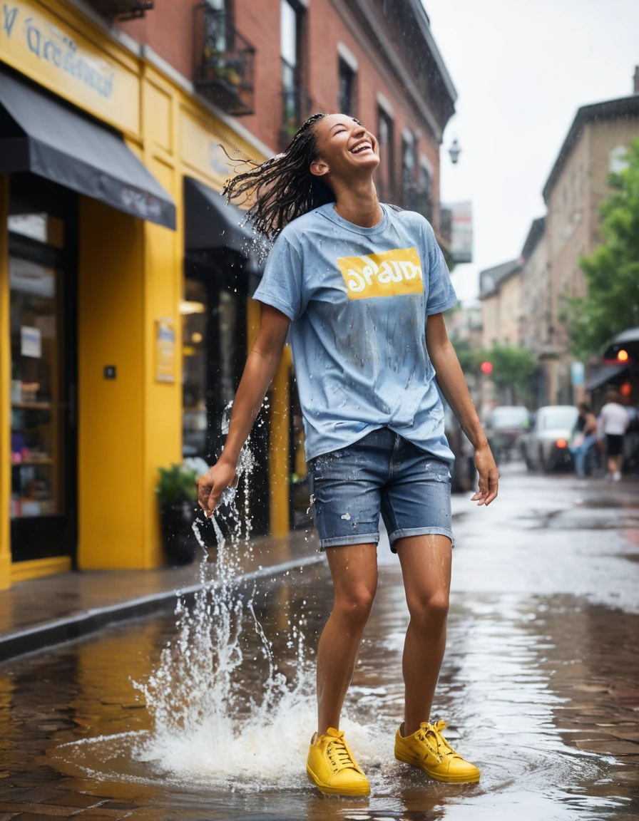 photo of young woman, in soaking wet, drenched clothes,
white leather platform sneakers with dark puddles splashing around them, faded light blue denim frayed shorts clinging to skin, oversized bright yellow cotton graphic t-shirt soaked through and translucent, outdoor cafe frontage with cobblestone patio and metal bistro chairs, 
enjoying, wet clothes stuck to body,
detailed textures of the wet clothes, wet face, wet plastered hair,
wet, drenched, professional, high-quality details, full body view.
sharp focus, ultra-high pixel detail, realistic, high-quality, full colors, incredibly detailed, 4k, 8k, 16k, hyper-realistic, RAW photo, masterpiece, ultra-detailed, professionally color graded, professional photograph, candid paparazzi shot from a low-angle street view, subject mid-laughing while shaking off water dripping from hair after being hit by a sudden rooftop drainpipe burst, intense fabric cling, highly detailed water droplets on skin, photorealistic lifestyle photography, rich natural color, balanced bright exposure, moderate contrast, softly lifted shadows., wet skin, wet clothes, damp fabric