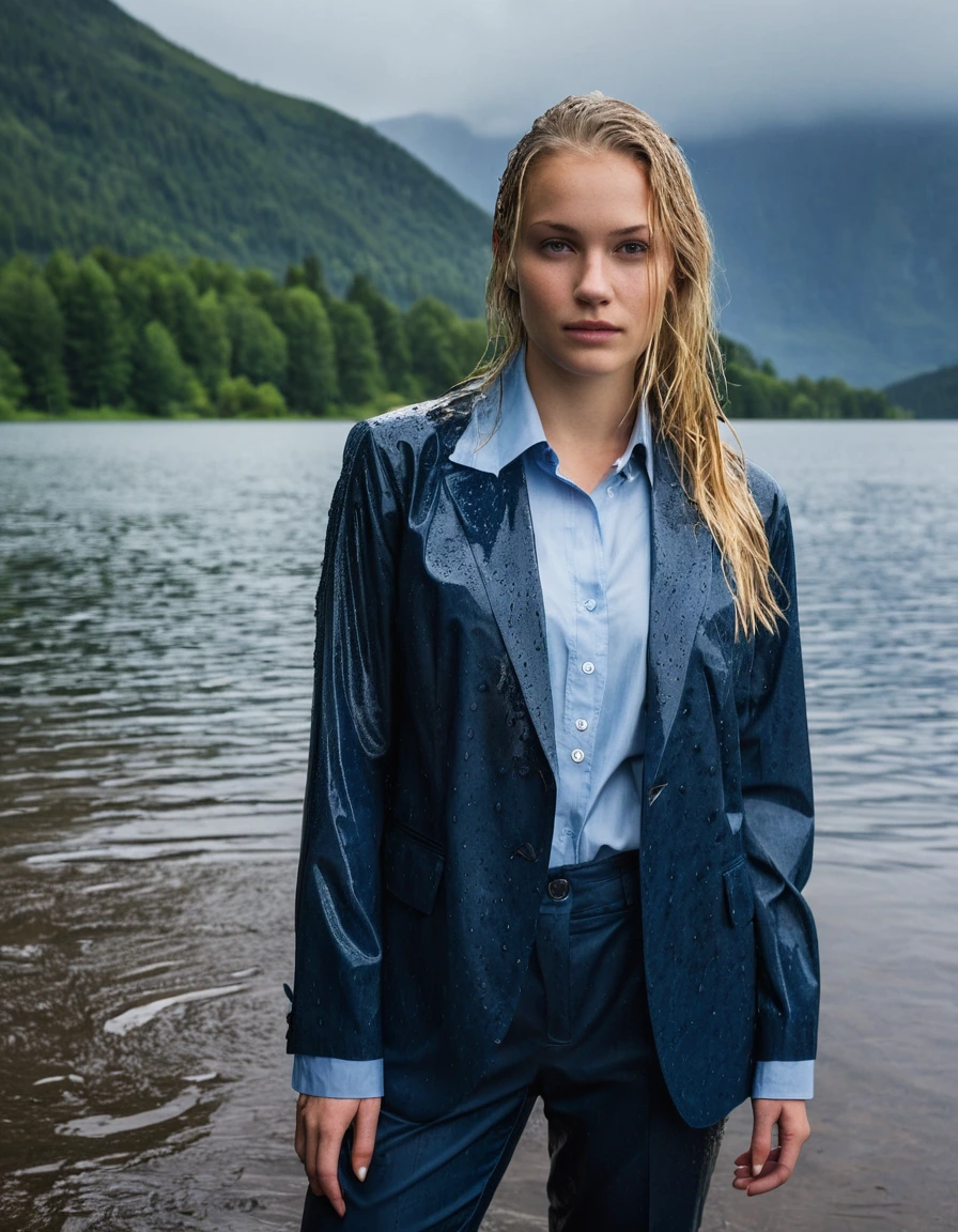 professional photo of young woman, 20 year old blonde girl, in soaking wet, drenched clothes, wet clothes stuck to body, detailed textures of the wet clothes, wet face, wet plastered hair, wet, drenched, wet skin, damp fabric, side parting, long hair, Dark Blue Business Suit Jacket with Light Blue button down business shirt longsleeve, Dark Blue Long Business Trouser, soaked tailored fabric, clinging to body, damp fabric, looks confidently into camera, completely submerged, under a big rainshower, clear mountain lake with heavy rain, heavy rainstorm, rain storm, full body view, detailed fabric texture, sharp focus, photorealistic, ultra-detailed fabric texture, realistic colors, RAW photo, professionally color graded