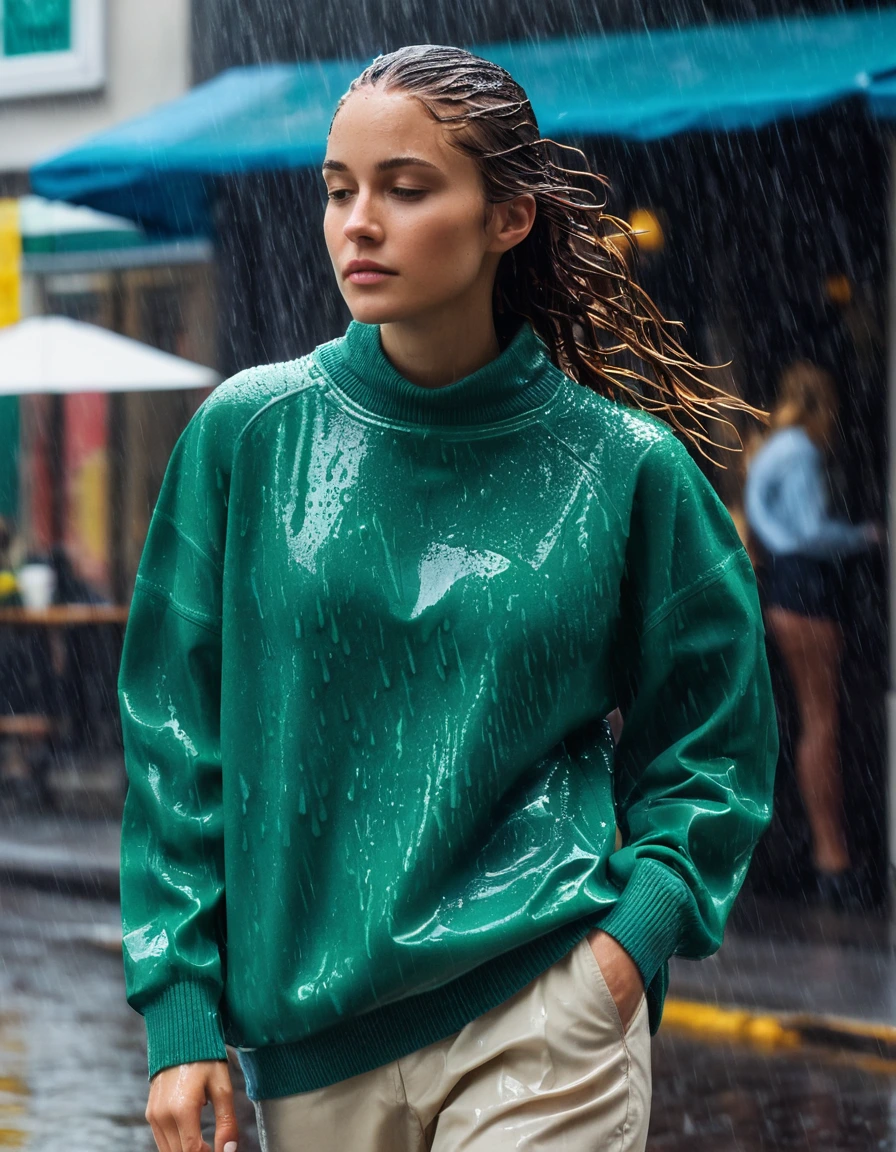 photo of young woman, in soaking wet, drenched clothes,
soaked white leather loafers with visible water pooling inside, translucent wet beige ankle-length trousers clinging to skin, heavy water-saturated emerald green oversized cotton sweater, suburban street corner cafe exterior during a downpour, 
enjoying, wet clothes stuck to body,
detailed textures of the wet clothes, wet face, wet plastered hair,
wet, drenched, professional, high-quality details, full body view.
sharp focus, ultra-high pixel detail, realistic, high-quality, full colors, incredibly detailed, 4k, 8k, 16k, hyper-realistic, RAW photo, masterpiece, ultra-detailed, professionally color graded, professional photograph, woman wringing out her wet hair while shielding her eyes, water droplets dripping from fabric, photorealistic lifestyle photography, rich natural color, balanced bright exposure, moderate contrast, softly lifted shadows, cinematic medium close-up shot, wet skin, wet clothes, damp fabric