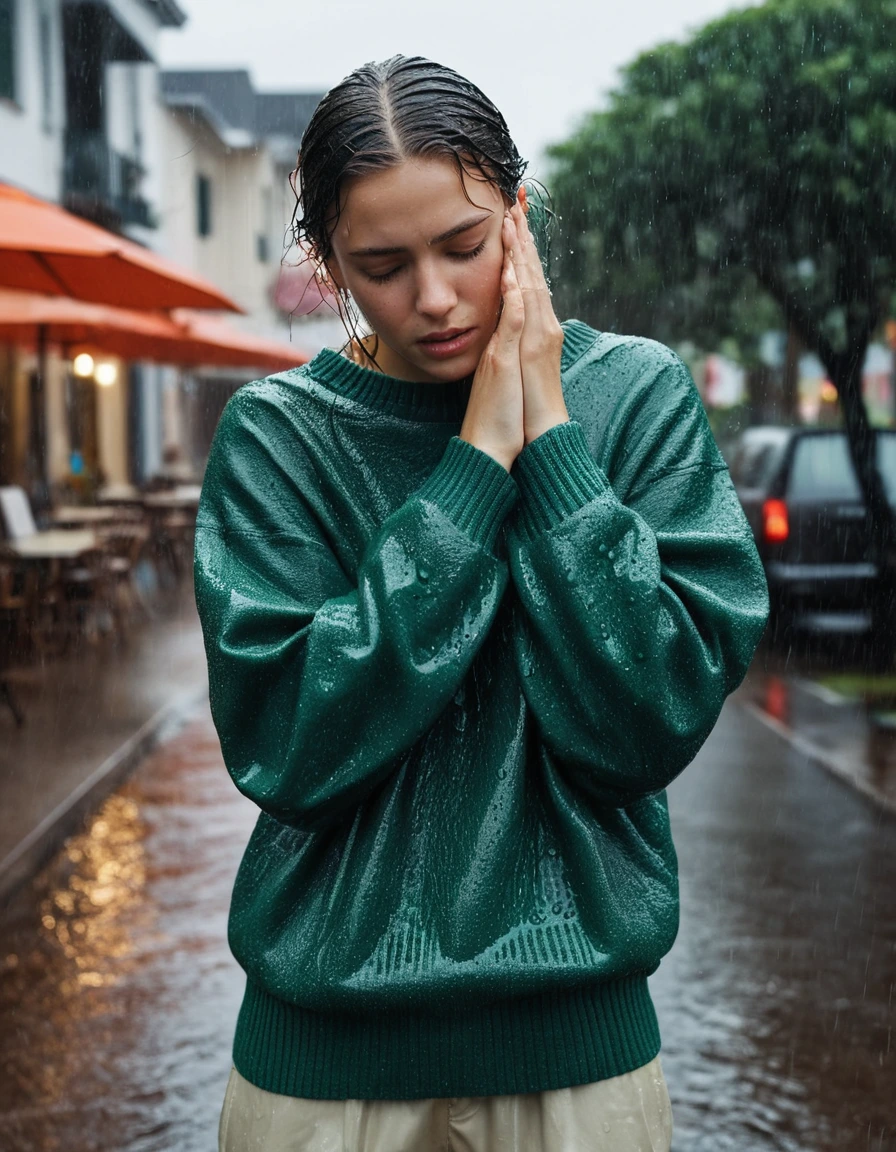 photorealistic lifestyle photography of young woman, in soaking wet, drenched clothes, wet clothes stuck to body, detailed textures of the wet clothes, wet face, wet plastered hair, wet, drenched, wet skin, damp fabric, wearing a heavy water-saturated emerald green oversized cotton sweater with damp cotton texture and wet folds, translucent wet beige ankle-length trousers clinging to skin, and soaked white leather loafers with visible water pooling inside, wringing out her wet hair while shielding her eyes, water droplets dripping from fabric, suburban street corner cafe exterior during a downpour, cinematic medium close-up shot, rich natural color, balanced bright exposure, moderate contrast, softly lifted shadows, sharp focus, photorealistic, ultra-detailed fabric texture, realistic colors, RAW photo, professionally color graded