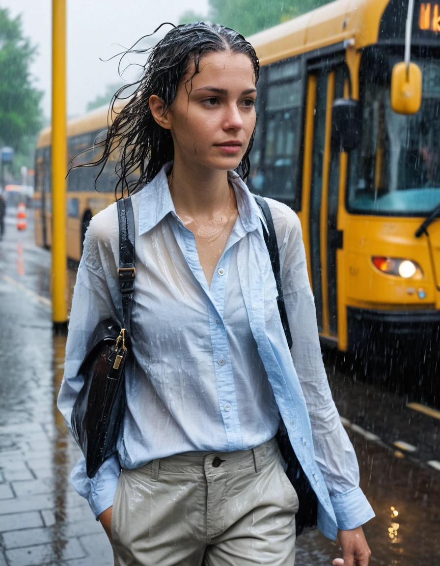 photo of young woman, in soaking wet, drenched clothes,
strappy white leather sandals with wet skin texture, sheer light blue linen trousers clinging to skin from rain, oversized white cotton button-down shirt soaked and translucent, urban bus stop shelter during a heavy rainstorm, 
enjoying, wet clothes stuck to body,
detailed textures of the wet clothes, wet face, wet plastered hair,
wet, drenched, professional, high-quality details, full body view.
sharp focus, ultra-high pixel detail, realistic, high-quality, full colors, incredibly detailed, 4k, 8k, 16k, hyper-realistic, RAW photo, masterpiece, ultra-detailed, professionally color graded, professional photograph, candid paparazzi shot from waist-up, subject frantically tucking wet hair behind ear while clutching a dampened leather handbag, fabric saturation, clinging wet textures, high-speed shutter, natural daylight, sharp focus on facial expression, wide-angle street view., wet skin, wet clothes, damp fabric