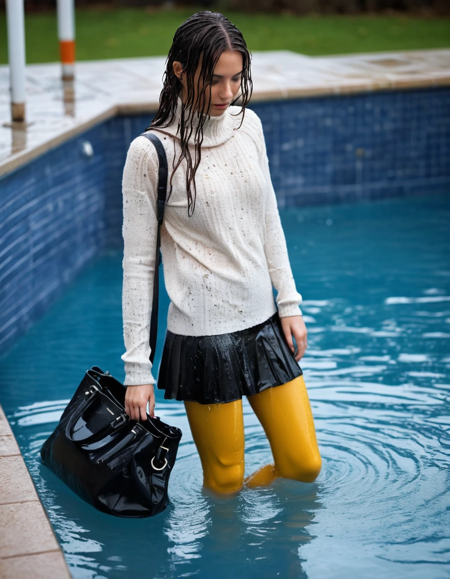 photo of young woman, in soaking wet, drenched clothes,
boots, tighs, skirt, thin White roll neck sweater, dripping purse, pool, 
enjoying, wet clothes stuck to body,
detailed textures of the wet clothes, wet face, wet plastered hair,
wet, drenched, professional, high-quality details, full body view.
sharp focus, ultra-high pixel detail, realistic, high-quality, full colors, incredibly detailed, 4k, 8k, 16k, hyper-realistic, RAW photo, masterpiece, ultra-detailed, professionally color graded, professional photograph, totally wet, see bra through sweater, dripping purse, wet hair, wet skin, wet clothes, damp fabric