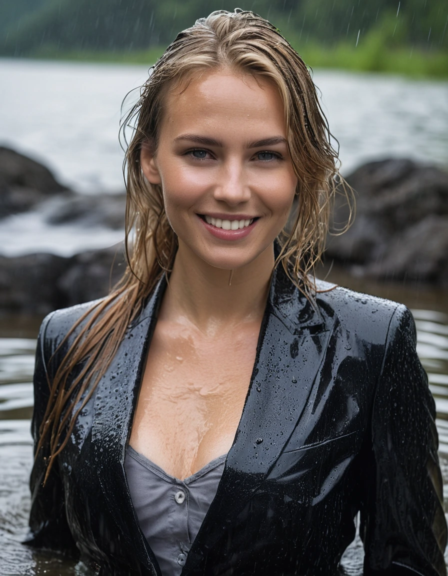professional photo of young woman, 30 year old beautiful blonde, in soaking wet, drenched clothes, wet clothes stuck to body, detailed textures of the wet clothes, wet face, wet plastered hair, wet, drenched, wet skin, damp fabric, wearing a black business suit with black business trousers, soaked tailored fabric, realistic structure, smiling into camera, breast deep submerged in a clear mountain lake, under a big rainshower, heavy rain storm, side parting long hair, cinematic lighting, sharp focus, photorealistic, ultra-detailed fabric texture, realistic colors, RAW photo, professionally color graded