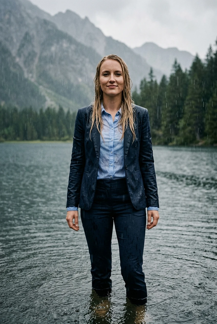 Create a realistic cinematic photograph of a young adult European woman with long blonde hair and a side parting, standing in a clear mountain lake during a heavy rainstorm. She is fully clothed in a dark blue business suit jacket, a light blue long-sleeved button-down business shirt, and dark blue long business trousers. The clothing is completely soaked, saturated with water, visibly darkened, covered with realistic droplets, and heavy with moisture, with the damp fabric clinging to her body. She looks confidently into the camera with wet skin. The scene is captured in a 2:3 portrait orientation, emphasizing the heavy rain and the drenched state of her practical, fully covering business attire.