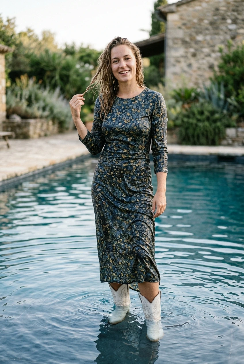 Create a realistic cinematic photograph of a young adult European woman with features resembling Miljushka Witzenhausen standing in a pool, wearing a long-sleeved long floral dress and white cowgirl boots. The dress is completely saturated with water, visibly darkened, covered in realistic droplets, and heavy with moisture while remaining opaque and fully covering. Her skin is damp with water droplets, and the fabric of the dress clings naturally to her frame due to the moisture. The scene is captured in a portrait-oriented 2:3 composition with natural, balanced lighting.