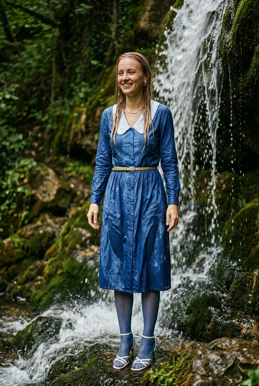 Create a realistic cinematic photograph of a young adult European woman with long blonde hair, standing under a natural waterfall. She is wearing a long-sleeved blue dress with buttons up the front and a prominent white collar, blue stockings, a gold belt, a gold necklace, and gold earrings, paired with strappy white high heels. The dress, stockings, and all fabric are soaking wet, saturated with water, visibly darkened, covered with realistic droplets, and heavy with moisture while remaining fully opaque and covering. Her skin is wet from the water. She has a happy expression. The image is a portrait-oriented photographic composition with natural lighting and rich, balanced colors.