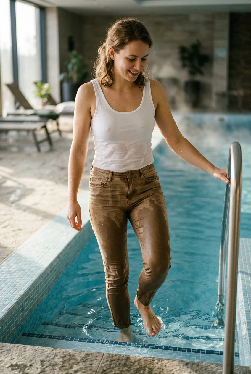Create a realistic cinematic photograph of a young adult European woman with natural European features, entering the shallow end of a heated pool. She is wearing a white tank top and tan jeans, both of which are soaking wet, visibly darkened, covered with realistic water droplets, and heavy with moisture while remaining fully opaque. She is barefoot, and her skin is wet from the water. The image is a portrait-oriented, photorealistic lifestyle photograph with natural colors, balanced exposure, and visible detail in the shadows.