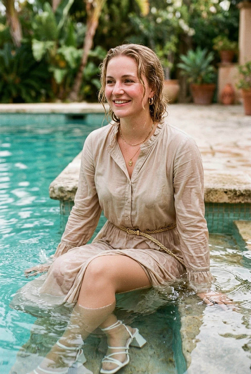 Create a realistic cinematic photograph of a young adult European woman with long blonde hair, sitting in a pool, appearing happy. She is wearing a floor-length, long-sleeved beige prairie dress with buttons up the front, nude stockings, and strappy white high heels. The dress is soaking wet, saturated with water, visibly darkened, covered with realistic droplets, and heavy with moisture while remaining fully opaque and covering. She is accessorized with a gold belt, a gold necklace, and gold earrings. Her skin and hair are wet, and the fabric of her clothing is damp and heavy with water. The image is a portrait-oriented, photorealistic lifestyle photograph with natural, balanced lighting.
