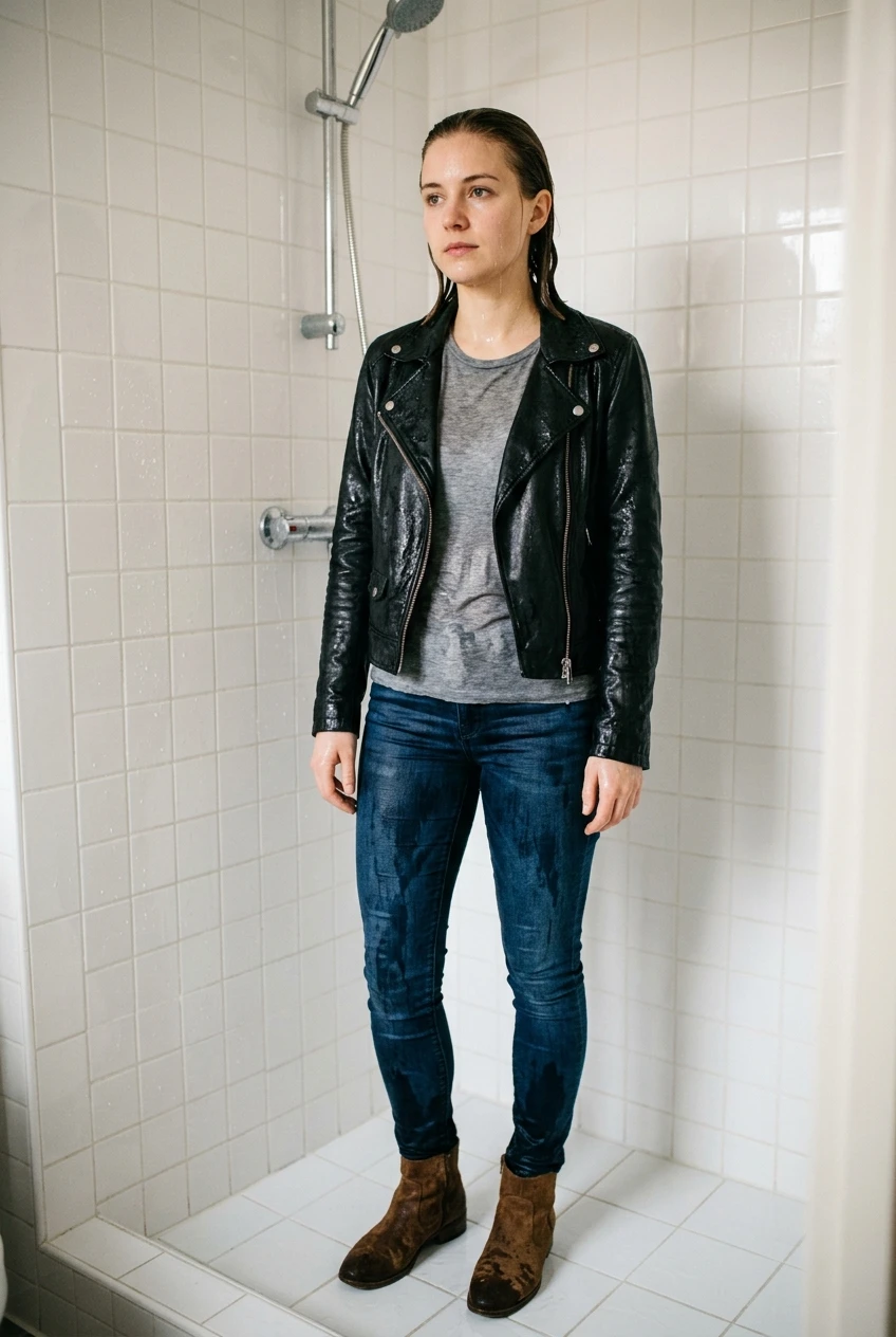 Create a realistic cinematic photograph of a young adult European woman with natural European features standing in a shower with a white tiled wall. She is wearing a black leather jacket over a tight grey t-shirt, blue skinny jeans, and short brown suede leather boots. Her hair is soaking wet, and her skin is wet. The black leather jacket, grey t-shirt, blue skinny jeans, and brown suede boots are all fully saturated with water, visibly darkened, covered with realistic water droplets, and heavy with moisture while retaining their normal opaque shape and full coverage. The image is a portrait-oriented photographic composition with rich, natural color and balanced, bright exposure.