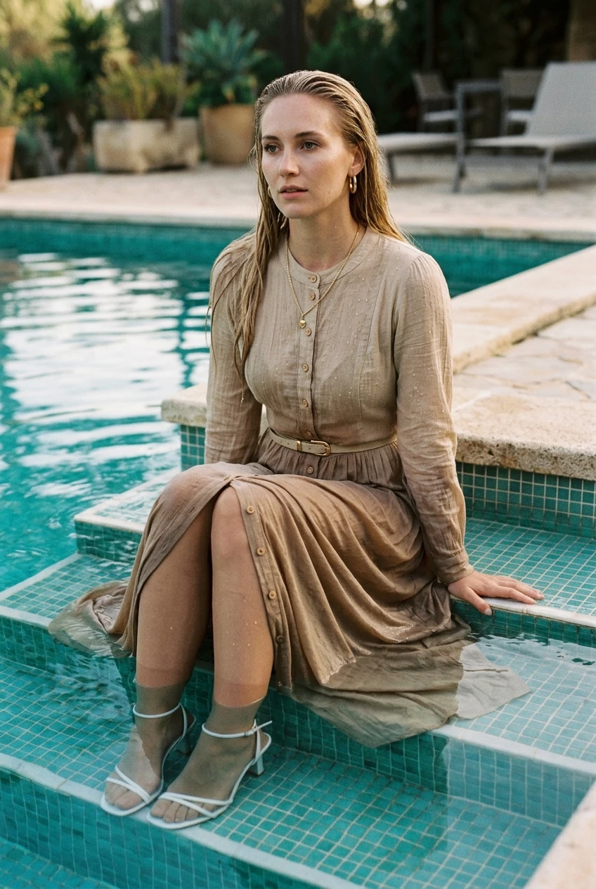 Create a realistic cinematic photograph of a young adult European woman with long blonde hair sitting in a pool. She is wearing a floor-length, long-sleeved beige prairie dress with buttons up the front, nude stockings, a garter belt, and strappy white high heels. The dress and stockings are soaking wet, visibly darkened, covered with realistic water droplets, and heavy with moisture while remaining fully opaque and covering. She is accessorized with a gold belt, gold necklace, and gold earrings. Her skin and hair are wet, and the fabric of the dress appears damp and saturated with water. The image is a portrait-oriented photographic composition with natural color and balanced lighting.