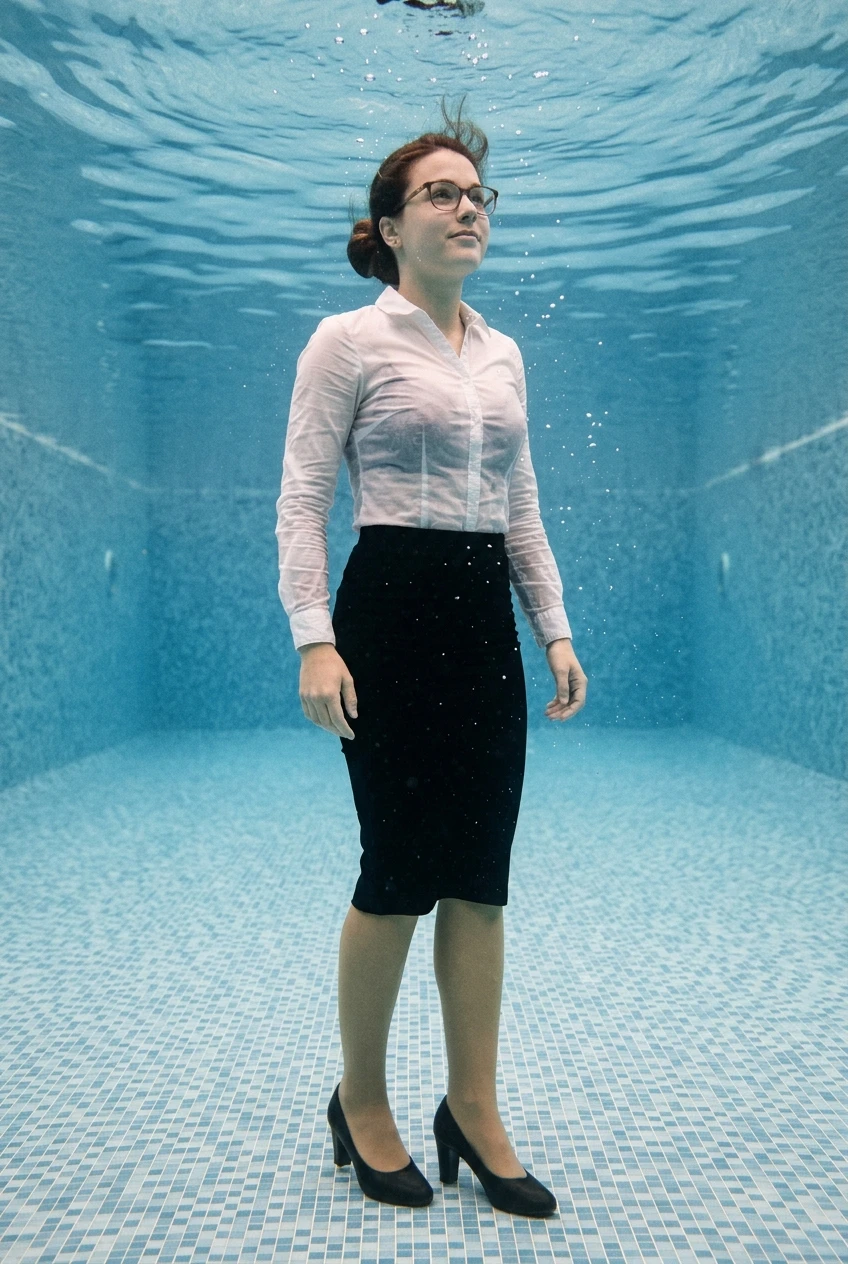 Create a realistic cinematic photograph of a young adult European woman with brunette hair styled in a bun and wearing glasses, fully submerged underwater in a pool. She is wearing a white long-sleeve button-down blouse, a tight below-the-knee pencil skirt, extremely thick opaque beige stockings, and black medium-heeled shoes. All clothing is completely soaking wet, visibly darkened, saturated with water, and heavy with moisture, with realistic water droplets clinging to the damp fabric and her skin. The composition is a full-length portrait-oriented shot capturing her from head to toe, rendered in a photorealistic lifestyle photography style with natural colors and balanced lighting.