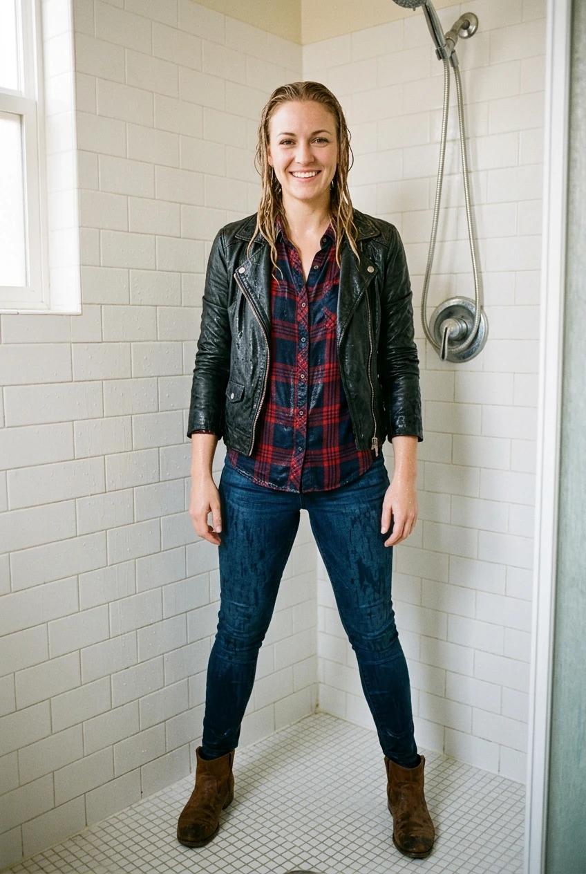 Create a realistic cinematic photograph of a young adult European woman with medium-blonde hair, standing inside a shower with a white tiled wall. She is facing the viewer with a smile, standing with her legs spread. She is wearing a black leather jacket over a tight button-down plaid blouse, blue skinny jeans, and short brown suede leather boots. Her hair is soaking wet, and her skin and all of her clothing are saturated with water, visibly darkened, covered with realistic droplets, and heavy with moisture, while the garments remain fully opaque and practical. The image is a portrait-oriented photographic composition with natural color and balanced exposure.
