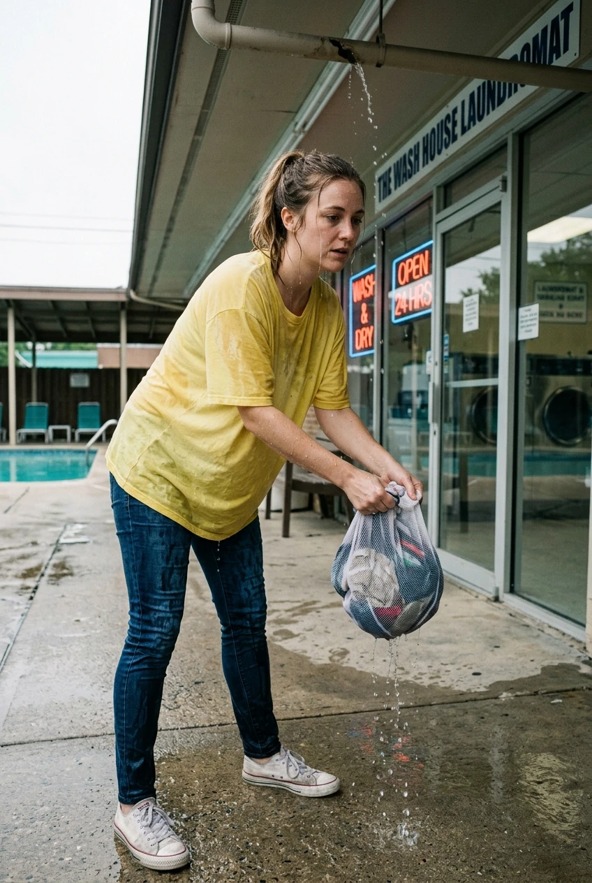 Create a realistic cinematic photograph of a young adult European woman with natural European features standing on an outdoor pool deck walkway next to a laundromat entrance beneath a broken overhead sprinkler. She is wearing an oversized lemon yellow cotton t-shirt that is saturated with water, visibly darkened, and covered with realistic droplets, paired with fitted dark indigo denim jeans that are soaked through and heavy with moisture, and white canvas sneakers that are drenched. She is wringing out a wet laundry bag. Water droplets are streaming down her face and her saturated clothing. The image is an editorial fashion photo captured with a 35mm lens, wide eye-level framing, rich natural color, balanced bright exposure, and sharp fabric texture, presented in a 2:3 portrait orientation.