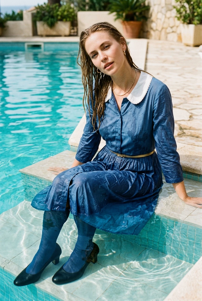 Create a realistic cinematic photograph of a young adult European woman with long blonde hair, sitting in a swimming pool. She is wearing a blue dress with buttons up the front and a prominent white collar, a gold belt, a gold necklace, and gold earrings. The blue dress is soaking wet, saturated with water, visibly darkened, covered with realistic droplets, and heavy with moisture while retaining its opaque shape and coverage. She is also wearing stockings and heels, which are likewise saturated with water. Her skin is wet, and her long blonde hair is wet. The image is a portrait-oriented photographic composition with natural color and balanced exposure.