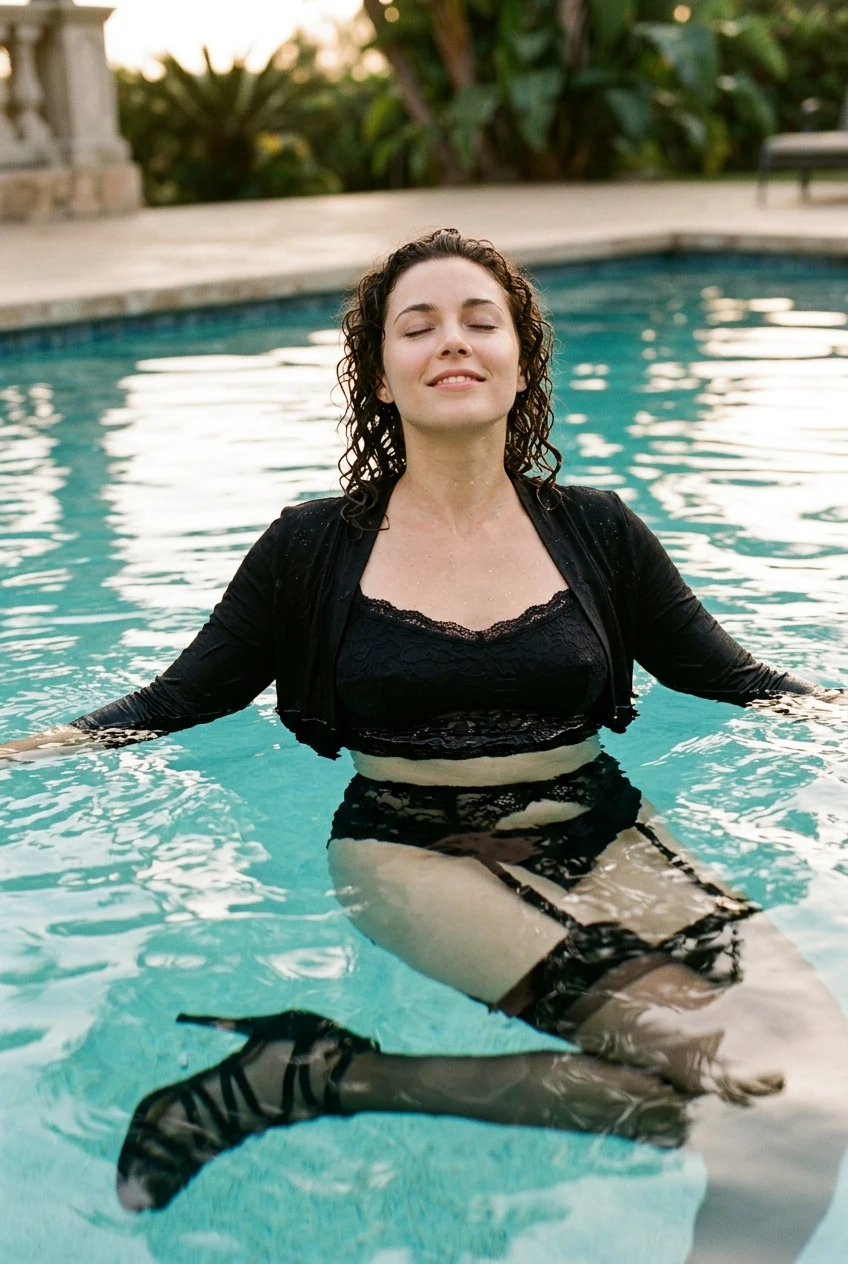 Create a realistic cinematic photograph of a young adult European woman with natural European features and wet curly black hair, floating in a swimming pool. She is wearing a black lace-trimmed top, a black bolero jacket, black lace-trimmed bottoms, black pull-up stockings with a garter belt, and strappy black high heels. All of her clothing is soaking wet, saturated with water, visibly darkened, covered with realistic water droplets, and heavy with moisture while retaining its opaque shape and coverage. Her skin is wet, and she has a happy expression. The image is a portrait-oriented, photorealistic lifestyle photograph with rich, natural colors and balanced exposure.