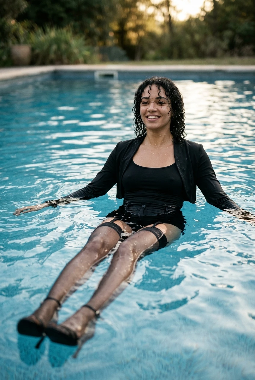 Create a realistic cinematic photograph of a young adult European woman with wet curly black hair, floating in a swimming pool with her legs extended. She is wearing a black bolero jacket, a black top, black bottoms, black pull-up stockings with a garter belt, and strappy black high heels. All of her clothing is soaking wet, saturated with water, visibly darkened, covered with realistic droplets, and heavy with moisture while maintaining full coverage. Her skin is wet, and she has a happy expression. The image is a portrait-oriented photographic composition with natural colors and balanced lighting.
