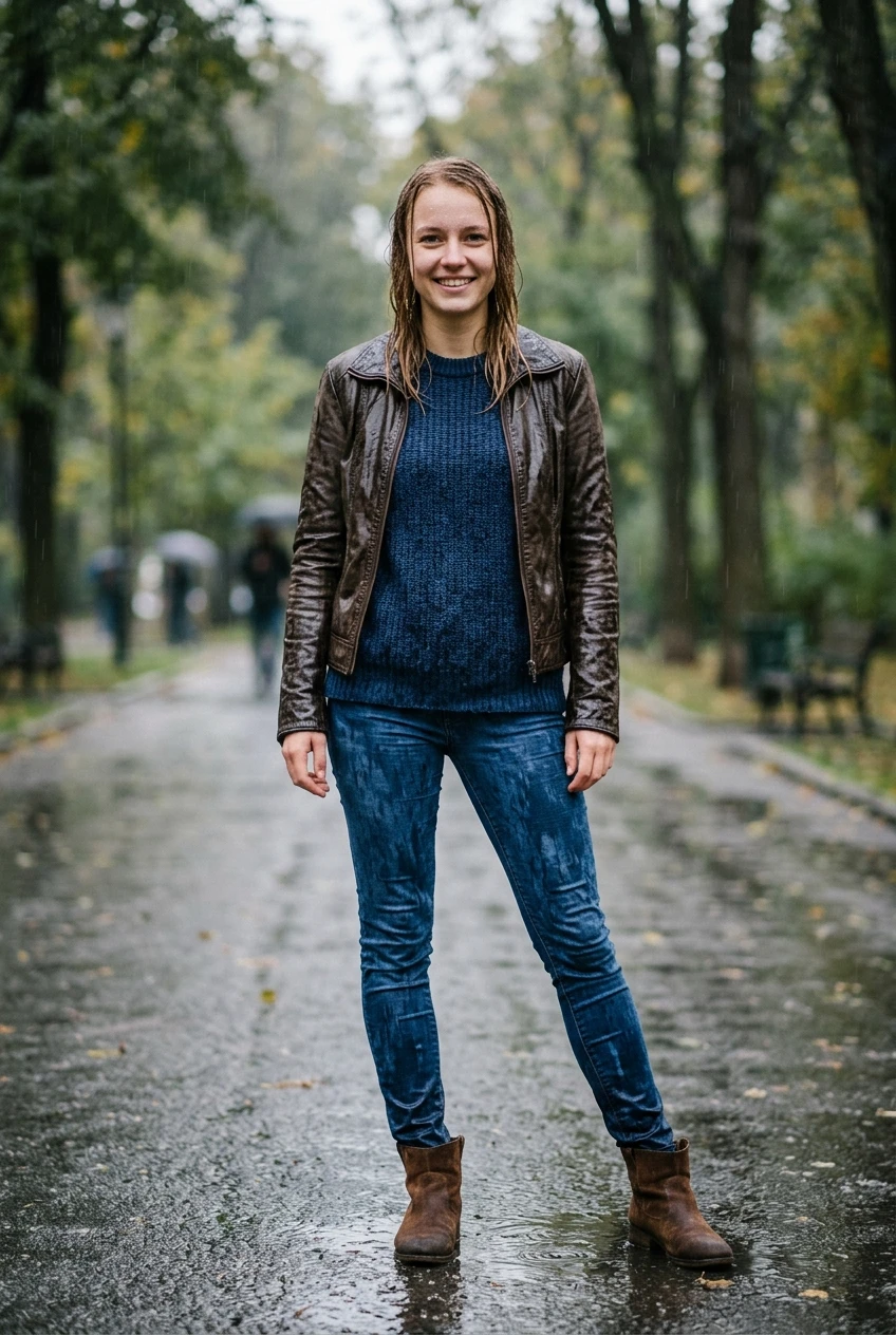 Create a realistic cinematic photograph of a young adult European woman with European features standing in a park in the pouring rain. She is wearing a brown leather jacket, a tight blue woollen sweater, blue skinny jeans, and short brown suede leather boots. Every garment is soaking wet, saturated with water, visibly darkened, covered with realistic droplets, and heavy with moisture. Her hair is quite wet and clinging to her face, and her skin shows realistic wetness from the rain. She is facing the viewer with a smile, standing with her legs spread. The image is a portrait-oriented lifestyle photograph with natural, balanced lighting.