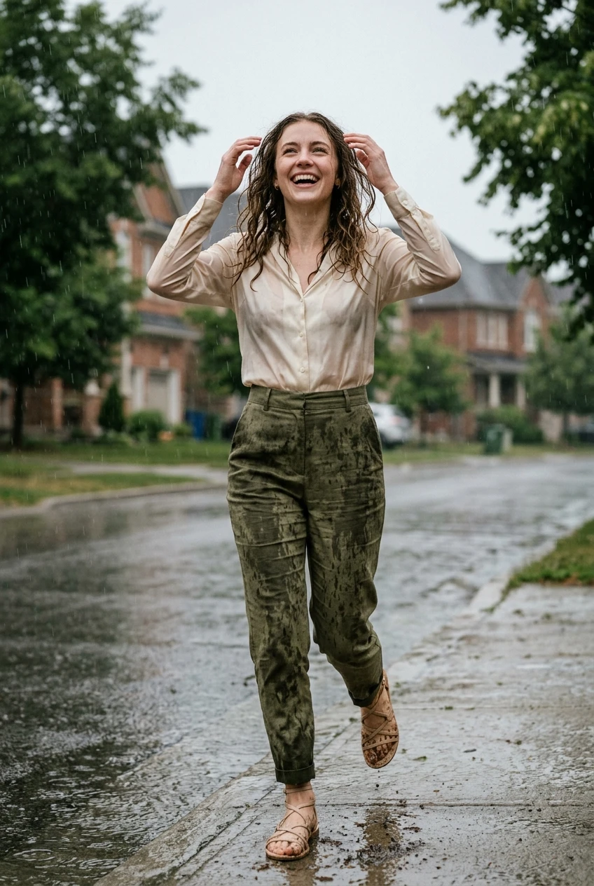 Create a realistic cinematic photograph of a young adult European woman with natural European features, laughing while running down a suburban street during a summer thunderstorm with her hands raised to shield her face. She is wearing a white silk blouse and high-waisted linen trousers that are thoroughly saturated with heavy rainfall, visibly darkened, covered in water droplets, and clinging to her form while remaining fully opaque and modest. She wears strappy beige leather sandals that are soaked from stepping into shallow puddles on the pavement. The scene is captured in a high-fashion editorial style with an 85mm lens at eye-level, featuring sharp focus on her wet skin and damp clothing. The lighting is bright and ambient, showcasing vibrant, saturated colors in a photorealistic, cinematic composition with a 2:3 aspect ratio.