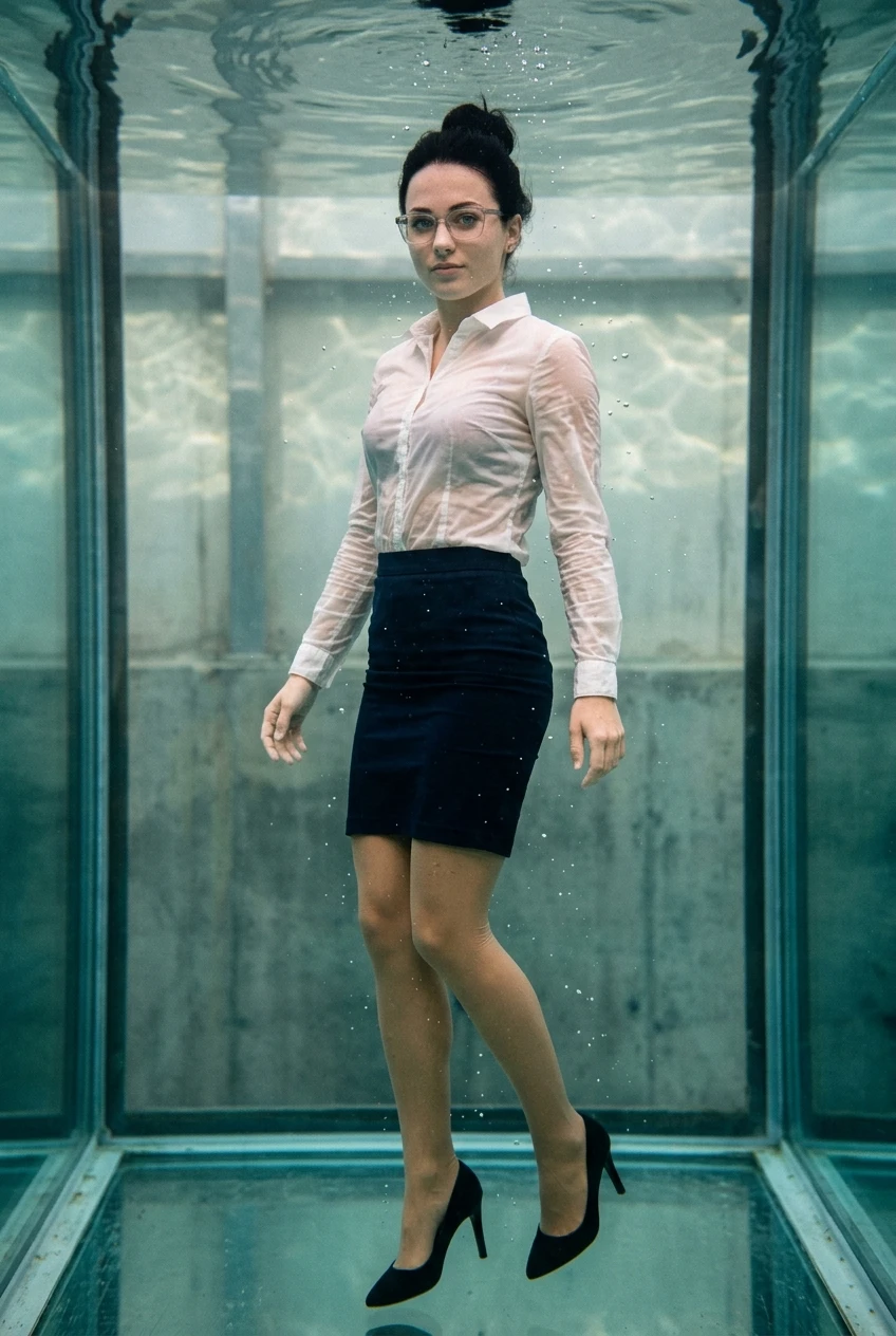 Create a realistic cinematic photograph of a young adult European woman with black hair styled in a bun and blue eyes, wearing glasses. She is fully submerged inside a water tank, captured in a full-length shot from head to toe. She is dressed in a white long-sleeve button-down blouse, a tight above-the-knee pencil skirt, opaque beige stockings, and black high-heeled shoes. Every garment is completely saturated with water, visibly darkened, covered with realistic droplets, and heavy with moisture while retaining its opaque shape and coverage. Her skin is wet, and the fabric of her clothing appears damp and heavy. The scene is rendered in a photorealistic lifestyle photography style with natural color and balanced exposure, in a 2:3 portrait orientation.