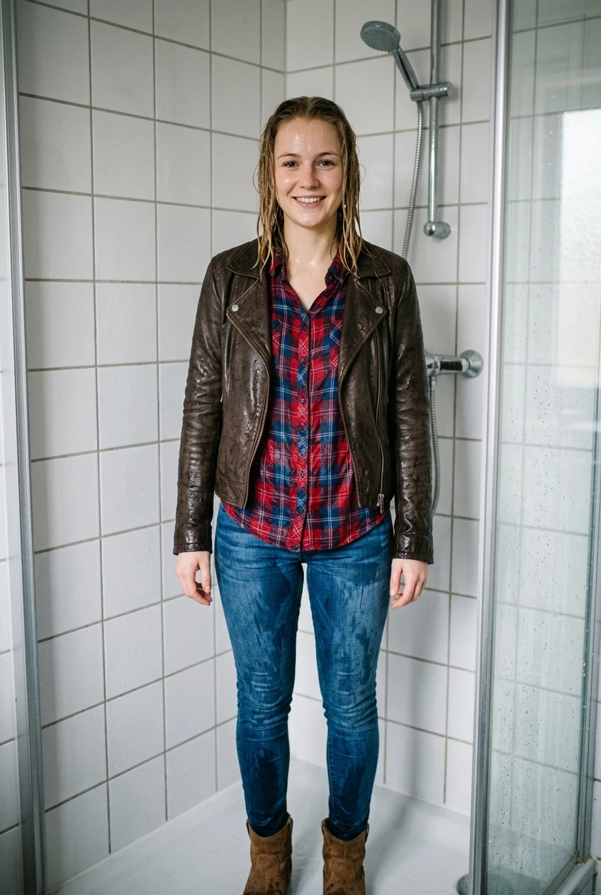 Create a realistic cinematic photograph of a young adult European woman with medium-blonde hair, standing in a shower with a white tiled wall. She is facing the viewer with a smile, standing with her legs spread. She is wearing a brown leather jacket, a tight button-down plaid blouse, blue skinny jeans, and short brown suede leather boots. Her hair and skin are soaking wet, and all her clothing is saturated with water, visibly darkened, covered with realistic droplets, and heavy with moisture while remaining opaque and fully covering. The image is a portrait-oriented lifestyle photograph with natural colors and balanced lighting.