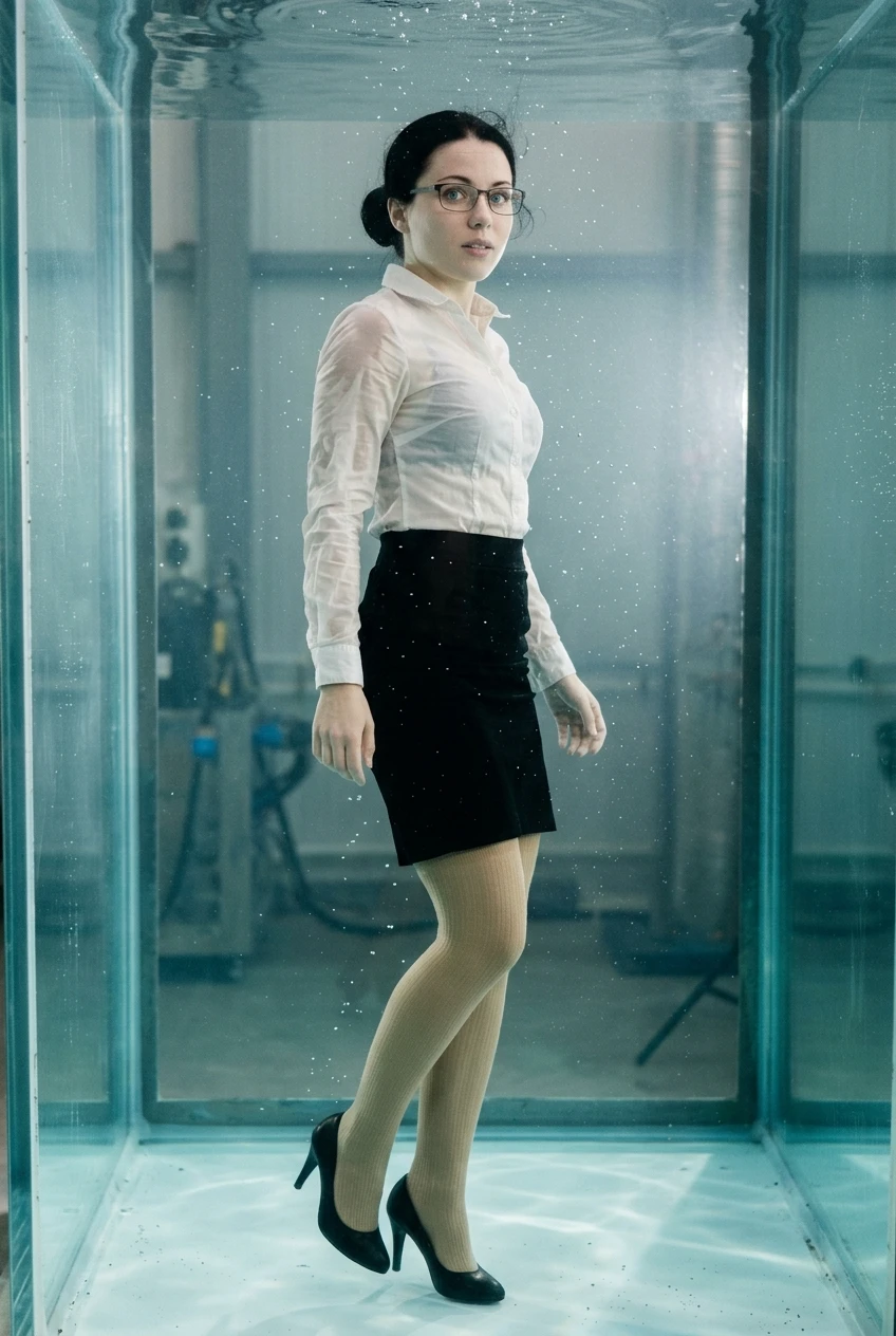 Create a realistic cinematic photograph of a young adult European woman with black hair styled in a bun and blue eyes, wearing glasses. She is fully submerged inside a water tank, captured in a full-length head-to-toe view. She is dressed in a white long-sleeve button-down blouse, a tight above-the-knee pencil skirt, extremely thick opaque beige stockings, and black high-heeled shoes. All clothing is completely saturated with water, visibly darkened, covered with realistic droplets, and heavy with moisture while retaining its normal opaque shape and coverage. Her skin is wet, and the fabric of her clothes appears damp and clinging. The image is a portrait-oriented photographic composition with natural color, balanced exposure, and visible detail throughout the scene.