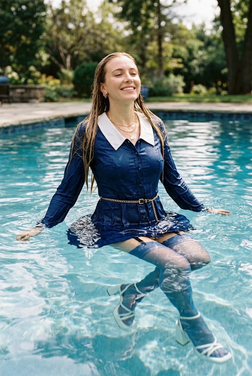Create a realistic cinematic photograph of a young adult European woman with long blonde hair, floating in a swimming pool. She is wearing a long-sleeved blue dress with buttons up the front and a prominent white collar, blue stockings, a garter belt, and strappy white heels, accessorized with a gold belt, gold necklace, and gold earrings. Her clothing is soaking wet, saturated with water, visibly darkened, covered with realistic droplets, and heavy with moisture, while her skin also appears wet. She has a happy expression, and the image is captured in a 2:3 portrait orientation with natural lighting.