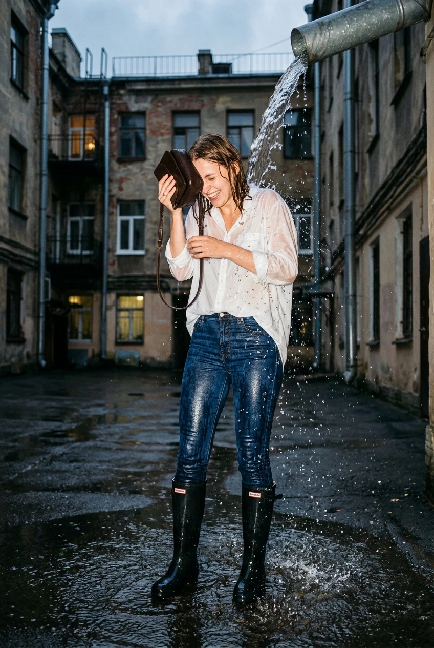 Create a realistic cinematic photograph of a young adult European woman in an urban apartment courtyard with concrete flooring. She is wearing an oversized white cotton button-down shirt tucked into fitted dark indigo denim jeans and black rubber knee-high rain boots. A sudden burst of water pours from a rooftop drainpipe, drenching her as she laughs and shields her face with a leather handbag. The white shirt and denim jeans are completely saturated with water, visibly darkened, covered in realistic droplets, and heavy with moisture, clinging to her frame while remaining fully opaque. The scene is captured in a full-body wide shot from a low angle using flash photography, creating sharp glossy reflections on her wet skin and the damp, heavy fabric. The image features vivid colors, high contrast, and a 2:3 portrait orientation.