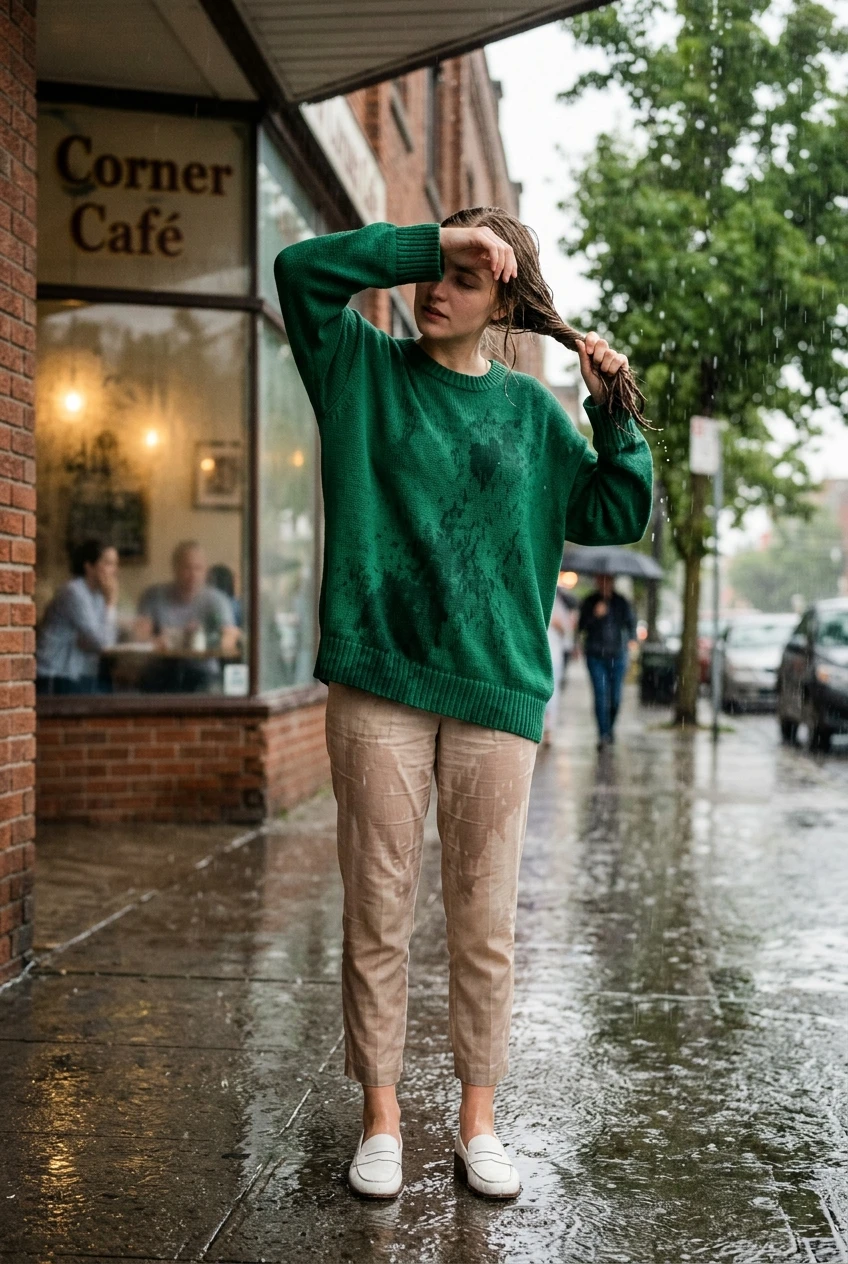 Create a realistic cinematic photograph of a young adult European woman with natural European features standing at a suburban street corner cafe exterior during a downpour. She is wringing out her wet hair while shielding her eyes. She is wearing a heavy water-saturated emerald green oversized cotton sweater, translucent wet beige ankle-length trousers clinging to her skin, and soaked white leather loafers with visible water pooling inside. The clothing is visibly saturated with water, darkened, and covered with realistic droplets, appearing heavy with moisture. The scene is captured in a cinematic medium close-up shot, featuring photorealistic lifestyle photography with rich natural colors, balanced bright exposure, moderate contrast, and softly lifted shadows, with visible detail on her wet skin and the damp fabric. Portrait-oriented composition, 2:3 aspect ratio.
