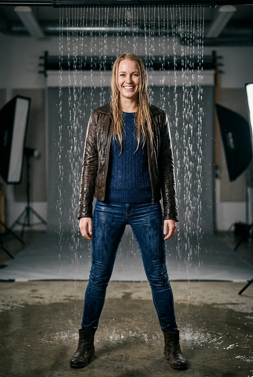 Create a realistic cinematic photograph of a young adult European woman with long straight blonde hair, standing under a curtain of falling water in a photo studio. She is wearing a brown leather jacket over a tight blue woollen sweater, blue skinny jeans, and short brown suede leather boots. Every garment is visibly saturated with water, darkened, covered in realistic droplets, and heavy with moisture. Her hair is wet and sticking to her face and clothes, with water flowing from her hair and garments. She is standing with legs spread, facing the viewer with a big smile, her skin appearing damp. The scene features perfect lighting, captured in a portrait-oriented 2:3 composition with a photorealistic lifestyle photography style.