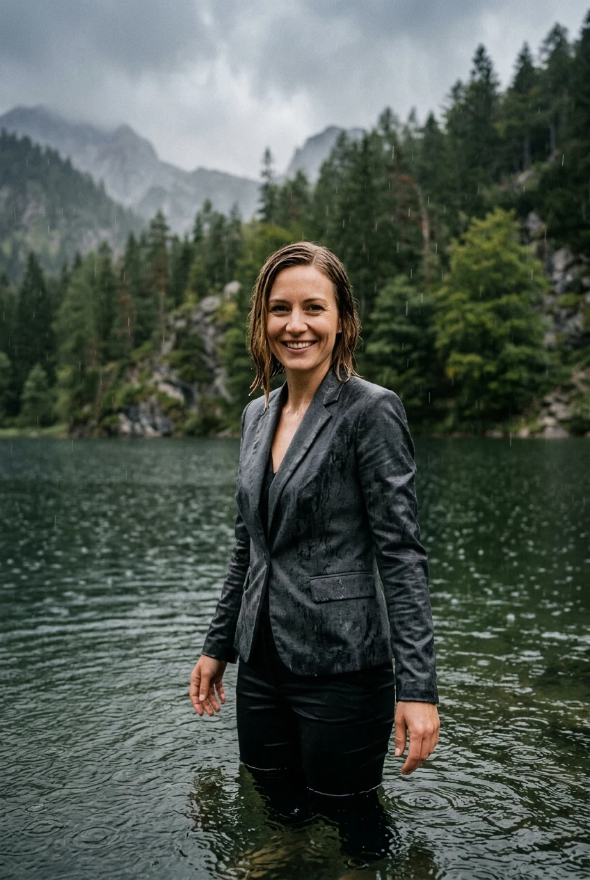 Create a realistic cinematic photograph of a young adult European woman, 30 years old with blonde hair styled in a side parting, smiling into the camera. She is breast-deep in a clear mountain lake during a heavy rainstorm, with rain falling around her. She is fully clothed in a black business suit and black business trousers, with the fabric completely soaked, visibly darkened, saturated with water, and covered in realistic droplets, appearing heavy with moisture while remaining fully opaque and covering. Her skin is wet and glistening from the rain. The image is a portrait-oriented cinematic shot captured in a photorealistic lifestyle photography style with natural colors and balanced lighting.
