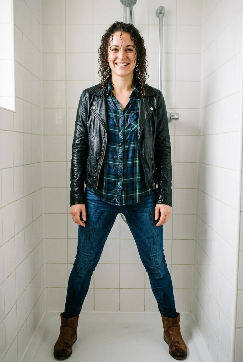 Create a realistic cinematic photograph of a young adult European woman with natural European features and soaking wet curly brown hair, standing in a shower with a white tiled wall. She is facing the viewer with a smile, standing with legs spread. She is wearing a black leather jacket, a tight button-down plaid blouse, and blue skinny jeans, all of which are saturated with water, visibly darkened, covered with realistic droplets, and heavy with moisture while retaining their normal opaque shape and coverage. She is also wearing short brown suede leather boots that are damp. The image features wet skin and damp fabric, captured in a photorealistic lifestyle photography style with balanced bright exposure and natural color in a 2:3 portrait orientation.