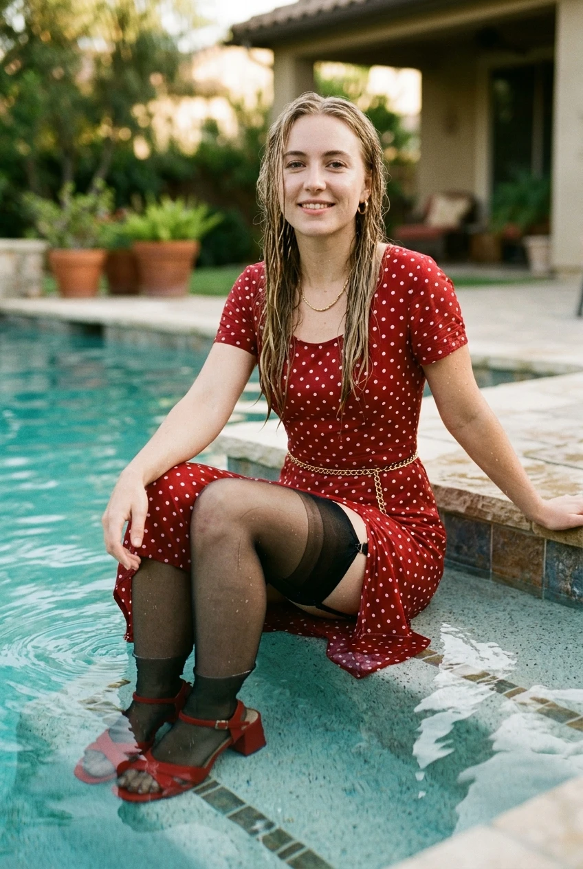 Create a realistic cinematic photograph of a young adult European woman with long blonde hair, sitting in a pool. She is wearing a long red dress with white polka dots and sleeves, black pull-up stockings with a garter belt, and red high heels. She is wearing a gold necklace, gold earrings, and a gold belt. Her skin is wet, and her long blonde hair is wet. The dress, stockings, and all clothing are soaking wet, saturated with water, visibly darkened, covered with realistic droplets, and heavy with moisture while retaining their normal opaque shape and full coverage. She has a smile on her face. The image is a portrait-oriented photographic composition.