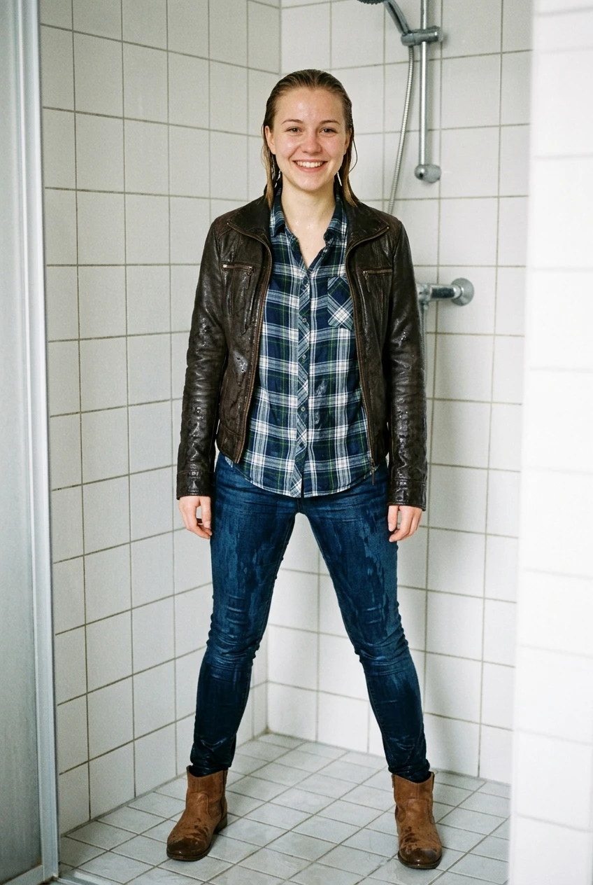 Create a realistic cinematic photograph of a young adult European woman with medium-blonde hair, standing in a shower with a white tiled wall. She is facing the viewer with a smile, standing with her legs spread. She is wearing a brown leather jacket, a tight button-down plaid blouse, blue skinny jeans, and short brown suede leather boots. Her hair and skin are soaking wet, and all of her clothing is saturated with water, visibly darkened, covered with realistic droplets, and heavy with moisture while remaining fully opaque and covering. The image is a portrait-oriented, photorealistic lifestyle photograph with natural color and balanced lighting.