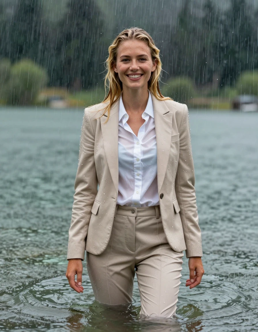 photo of young woman, in soaking wet, drenched clothes,
Beige Long Business Trouser, Beige Business Suit Jacket with white button down business shirt longsleeve, Clear Mountain lake with heavy rain, heavy rainstorm, 
enjoying, wet clothes stuck to body,
detailed textures of the wet clothes, wet face, wet plastered hair,
wet, drenched, professional, high-quality details, full body view.
sharp focus, ultra-high pixel detail, realistic, high-quality, full colors, incredibly detailed, 4k, 8k, 16k, hyper-realistic, RAW photo, masterpiece, ultra-detailed, professionally color graded, professional photograph, young blonde girl, completely submerged, swimming in deep water, under a big rainshower, fully clothed, completely soaked, fully drenched, completely wet, wetlook, heavy rain, side parting, long hair, rain storm, looks happy into camera, wet skin, wet clothes, damp fabric, clinging to body, wet skin, wet clothes, damp fabric, wet skin, wet clothes, damp fabric, wet skin, wet clothes, damp fabric, translucent fabric, shirt tight tucked into trouser, wet skin, wet clothes, damp fabric