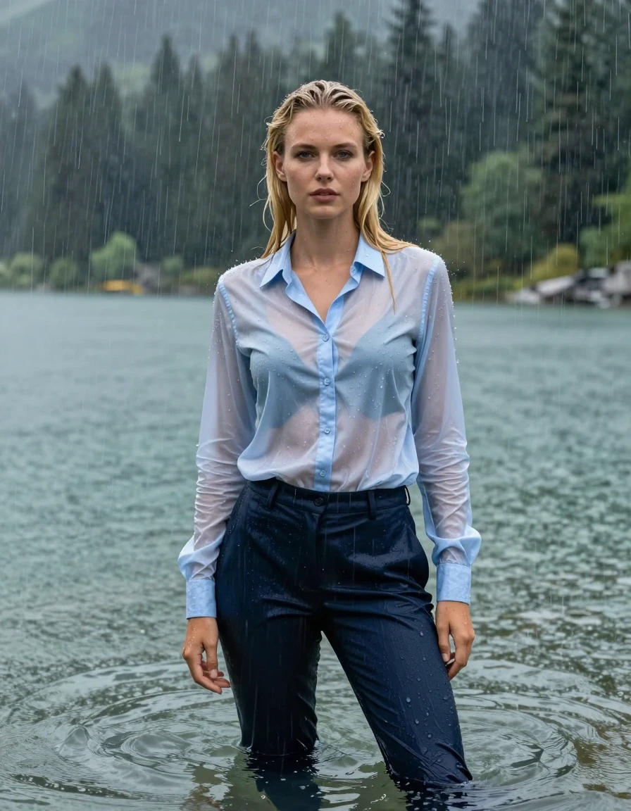 photo of young woman, in soaking wet, drenched clothes,
Dark Blue Long Business Trouser, Light Blue button down business shirt longsleeve, Clear Mountain lake with heavy rain, heavy rainstorm, 
enjoying, wet clothes stuck to body,
detailed textures of the wet clothes, wet face, wet plastered hair,
wet, drenched, professional, high-quality details, full body view.
sharp focus, ultra-high pixel detail, realistic, high-quality, full colors, incredibly detailed, 4k, 8k, 16k, hyper-realistic, RAW photo, masterpiece, ultra-detailed, professionally color graded, professional photograph, young blonde girl, completely submerged, swimming in deep water, under a big rainshower, fully clothed, completely soaked, fully drenched, completely wet, wetlook, heavy rain, side parting, long hair, rain storm, looks confidently into camera, wet skin, wet clothes, damp fabric, clinging to body, wet skin, wet clothes, damp fabric, wet skin, wet clothes, damp fabric, translucent shirt, wet skin, wet clothes, damp fabric, wet skin, wet clothes, damp fabric