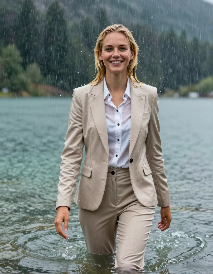 photo of young woman, in soaking wet, drenched clothes,
Beige Long Business Trouser, Beige Business Suit Jacket with Black button down business shirt longsleeve, Clear Mountain lake with heavy rain, heavy rainstorm, 
enjoying, wet clothes stuck to body,
detailed textures of the wet clothes, wet face, wet plastered hair,
wet, drenched, professional, high-quality details, full body view.
sharp focus, ultra-high pixel detail, realistic, high-quality, full colors, incredibly detailed, 4k, 8k, 16k, hyper-realistic, RAW photo, masterpiece, ultra-detailed, professionally color graded, professional photograph, young blonde girl, completely submerged, swimming in deep water, under a big rainshower, fully clothed, completely soaked, fully drenched, completely wet, wetlook, heavy rain, side parting, long hair, rain storm, looks happy into camera, wet skin, wet clothes, damp fabric, clinging to body, wet skin, wet clothes, damp fabric, wet skin, wet clothes, damp fabric, wet skin, wet clothes, damp fabric, translucent fabric, shirt tight tucked into trouser, wet skin, wet clothes, damp fabric