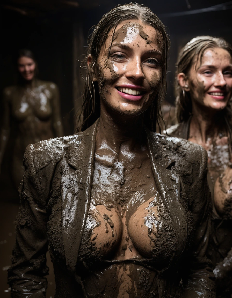 photo of young woman, in soaking wet, drenched clothes,
Muddy high heels, Long very muddy suit pants, Full muddy ruined fully-opened unbuttoned sexy blazer like a fancy uniform over topless with super sexy cleavage and exposed extreme huge saggy hanging boobs., Dark muddy indoor disco club at night. Deep mud on the floor, mud splashed walls, dripping mud from above, very dark mood lighting with pink and blue neon lights from above. Muddy chairs and sofas in the background. , 
enjoying, wet clothes stuck to body,
detailed textures of the wet clothes, wet face, wet plastered hair,
wet, drenched, professional, high-quality details, full body view.
sharp focus, ultra-high pixel detail, realistic, high-quality, full colors, incredibly detailed, 4k, 8k, 16k, hyper-realistic, RAW photo, masterpiece, ultra-detailed, professionally color graded, professional photograph, Three stunning blonde 60 years old beautiful gleaming grannies are wallowing together in the deep muddy pool after a full dip in it and holding a glass of champagne in their hands during the crazy muddy indoor disco party at night and posing for a professional photo. They are proudly wearing their fully and heavily mud-covered unbuttoned and opened sexy suits which fully exposing their amazingly huge sexy and saggy muddy boobs. Focus on the large muddy cleavages of the blazers and on the bravely displayed super huge muddy heavy saggy boobs. Every small details of the clothes are muddy, muddy beautiful faces, muddy chests and huge saggy boobs. Their blazer has the same colour as their muddy pants. The classy elegant disco club is totally destroyed by mud, mud spots everywhere, mud flows down on the walls, mud on the furnitures in the background. Straight muddy very long open wavy hairstyle, muddy hair, smiling and satisfied beautiful muddy faces, blue eyes, necklaces, earrings, lipstick. The women are enjoying to being total muddy in the muddy pool, being sexy, naughty while they are enjoying the muddy fetish party. Realistic huge heavy saggy muddy boobs and photorealistic detailed smiling facial expressions. Intimate close-up picture about the women. Close-up photo from front view, highly realistic representation, ultra sharp focus, highly photorealistic detailed textures, highly photorealistic detailed facial features and expressions, highly photorealistic hands, highly emotional reactions, highly best quality, highly sharp photorealistic image, highly photorealistic details, full UHD resolution, 32 K, very high level of detail and image sharpness, zoomed in, dry skin, dry clothes, dry fabric, dry skin, dry clothes, dry fabric, dry skin, dry clothes, dry fabric, dry skin, dry clothes, dry fabric, dry skin, dry clothes, dry fabric, dry skin, dry clothes, dry fabric, dry skin, dry clothes, dry fabric, dry skin, dry clothes, dry fabric, wet skin, wet clothes, damp fabric