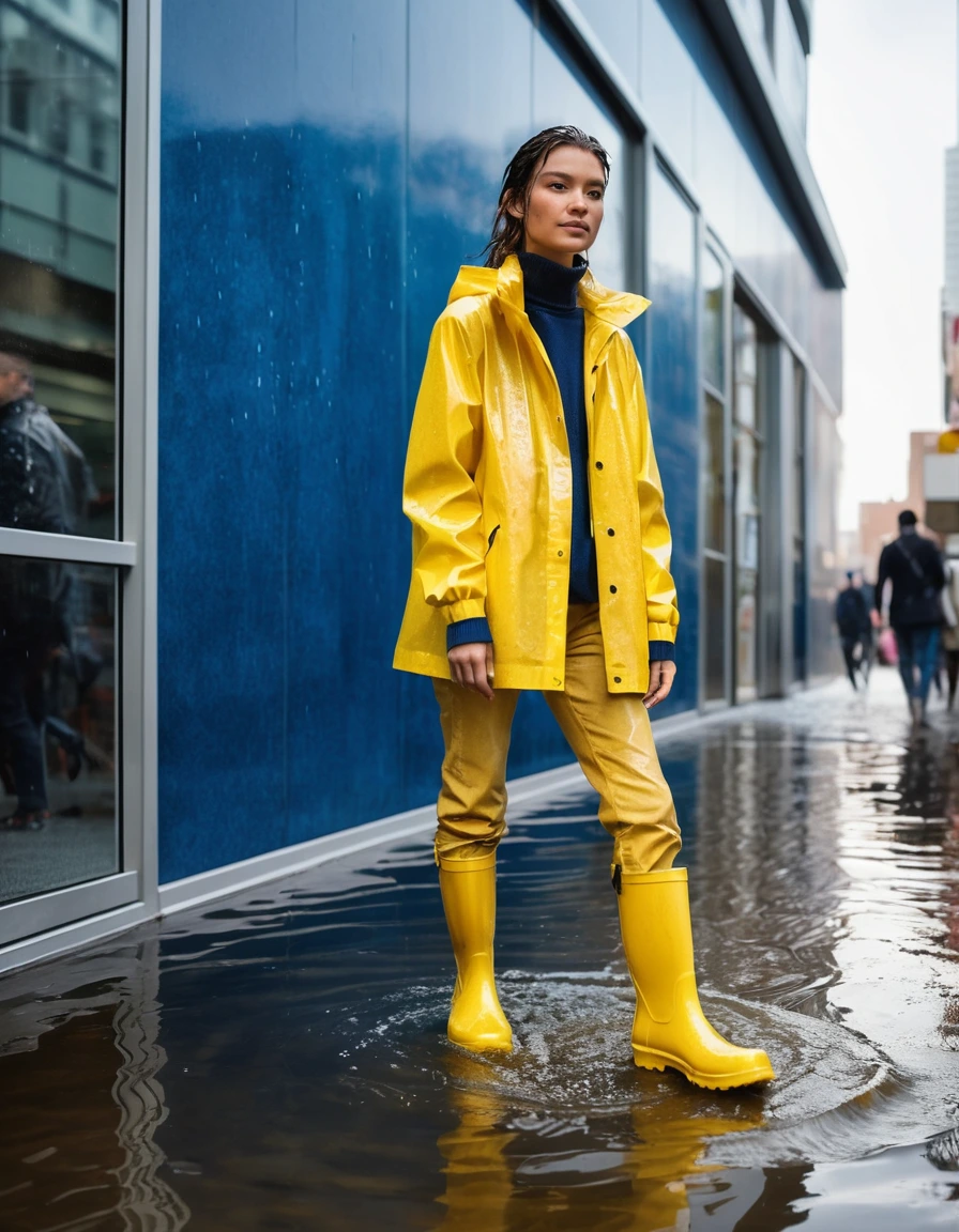 photo of young woman, in soaking wet, drenched clothes,
bright yellow rubber rain boots, navy blue skinny-fit denim jeans, soaked through with heavy water staining, fitted white cotton ribbed turtleneck sweater, completely saturated and translucent, modern glass-walled office building entrance at dusk, 
enjoying, wet clothes stuck to body,
detailed textures of the wet clothes, wet face, wet plastered hair,
wet, drenched, professional, high-quality details, full body view.
sharp focus, ultra-high pixel detail, realistic, high-quality, full colors, incredibly detailed, 4k, 8k, 16k, hyper-realistic, RAW photo, masterpiece, ultra-detailed, professionally color graded, professional photograph, subject recoiling while shielding face from a sudden deluge caused by a rooftop drainpipe burst, candid paparazzi style, wide-angle street-level perspective, photorealistic lifestyle photography, rich natural colors, bright exposure, soft lifted shadows, high texture detail on wet fabric., wet skin, wet clothes, damp fabric