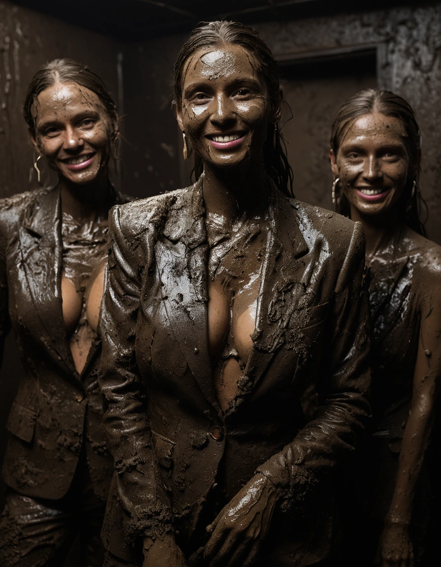 photo of young woman, in soaking wet, drenched clothes,
Muddy high heels, Long very muddy suit pants, Full muddy ruined fully-opened unbuttoned sexy blazer like a fancy uniform over topless with super sexy cleavage and exposed huge saggy boobs., Dark muddy indoor disco club at night. Deep mud on the floor, mud splashed walls, dripping mud from above, very dark mood lighting with pink and blue neon lights from above. Muddy chairs and sofas in the background. , 
enjoying, wet clothes stuck to body,
detailed textures of the wet clothes, wet face, wet plastered hair,
wet, drenched, professional, high-quality details, full body view.
sharp focus, ultra-high pixel detail, realistic, high-quality, full colors, incredibly detailed, 4k, 8k, 16k, hyper-realistic, RAW photo, masterpiece, ultra-detailed, professionally color graded, professional photograph, Three stunning blonde 60 years old beautiful gleaming grannies are wallowing together in the deep muddy pool after a full dip in it and holding a glass of champagne in their hands during the crazy muddy indoor disco party at night and posing for a professional photo. They are proudly wearing their fully and heavily mud-covered unbuttoned and opened sexy suits which fully exposing their large sexy and saggy muddy boobs. Focus on the large muddy cleavages of the blazers and on the bravely displayed large muddy heavy saggy boobs. Every small details of the clothes are muddy, muddy beautiful faces, muddy chests and boobs. Their blazer has the same colour as their muddy pants. The classy elegant disco club is totally destroyed by mud, mud spots everywhere, mud flows down on the walls, mud on the furnitures in the background. Straight muddy very long open wavy hairstyle, muddy hair, smiling and satisfied beautiful muddy faces, blue eyes, necklaces, earrings, lipstick. The women are enjoying to being total muddy in the muddy pool, being sexy, naughty while they are enjoying the muddy fetish party. Realistic muddy boobs and photorealistic detailed smiling facial expressions. Intimate close-up picture about the women. Close-up photo from front view, highly realistic representation, ultra sharp focus, highly photorealistic detailed textures, highly photorealistic detailed facial features and expressions, highly photorealistic hands, highly emotional reactions, highly best quality, highly sharp photorealistic image, highly photorealistic details, full UHD resolution, 32 K, very high level of detail and image sharpness, zoomed in, dry skin, dry clothes, dry fabric, dry skin, dry clothes, dry fabric, dry skin, dry clothes, dry fabric, dry skin, dry clothes, dry fabric, dry skin, dry clothes, dry fabric, dry skin, dry clothes, dry fabric, wet skin, wet clothes, damp fabric