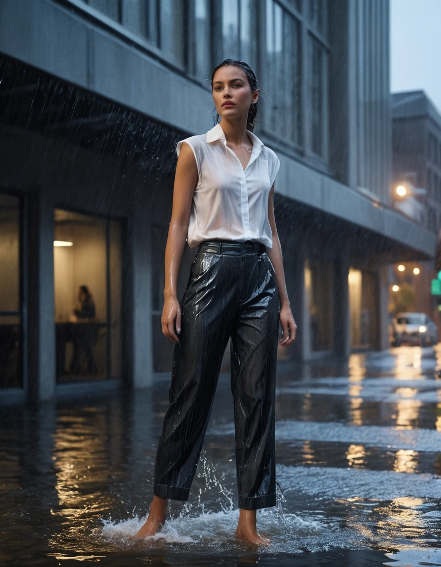 photo of young woman, in soaking wet, drenched clothes,
black patent leather pointed-toe heels, completely soaked, charcoal grey tailored ankle-cut trousers, heavy with rainwater, fabric clinging to skin, crisp white silk button-down blouse, sheer and translucent from downpour, water droplets beading on shoulders, lit office building entrance at night, sleek marble steps, glowing glass doors in background, 
enjoying, wet clothes stuck to body,
detailed textures of the wet clothes, wet face, wet plastered hair,
wet, drenched, professional, high-quality details, full body view.
sharp focus, ultra-high pixel detail, realistic, high-quality, full colors, incredibly detailed, 4k, 8k, 16k, hyper-realistic, RAW photo, masterpiece, ultra-detailed, professionally color graded, professional photograph, a sudden torrent from a rooftop drainpipe drenching her; she is wringing out her wet sleeves with a startled expression; cinematic rainy-night atmosphere, street lights reflecting in puddles, shot from a low-angle wide framing, highly detailed fabric texture, photorealistic lifestyle photography, rich natural color, balanced bright exposure, moderate contrast, softly lifted shadows., wet skin, wet clothes, damp fabric
