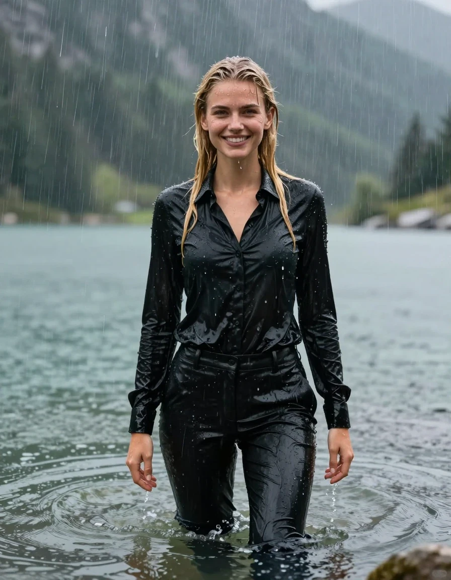 photo of young woman, in soaking wet, drenched clothes,
Black Long Business Trouser, Black button down business shirt longsleeve, Clear Mountain lake with heavy rain, heavy rainstorm, 
enjoying, wet clothes stuck to body,
detailed textures of the wet clothes, wet face, wet plastered hair,
wet, drenched, professional, high-quality details, full body view.
sharp focus, ultra-high pixel detail, realistic, high-quality, full colors, incredibly detailed, 4k, 8k, 16k, hyper-realistic, RAW photo, masterpiece, ultra-detailed, professionally color graded, professional photograph, young blonde girl, completely submerged, swimming in deep water, under a big rainshower, fully clothed, completely soaked, fully drenched, completely wet, wetlook, heavy rain, side parting, long hair, rain storm, looks happy into camera, wet skin, wet clothes, damp fabric, clinging to body, wet skin, wet clothes, damp fabric, wet skin, wet clothes, damp fabric, wet skin, wet clothes, damp fabric, wet skin, wet clothes, damp fabric
